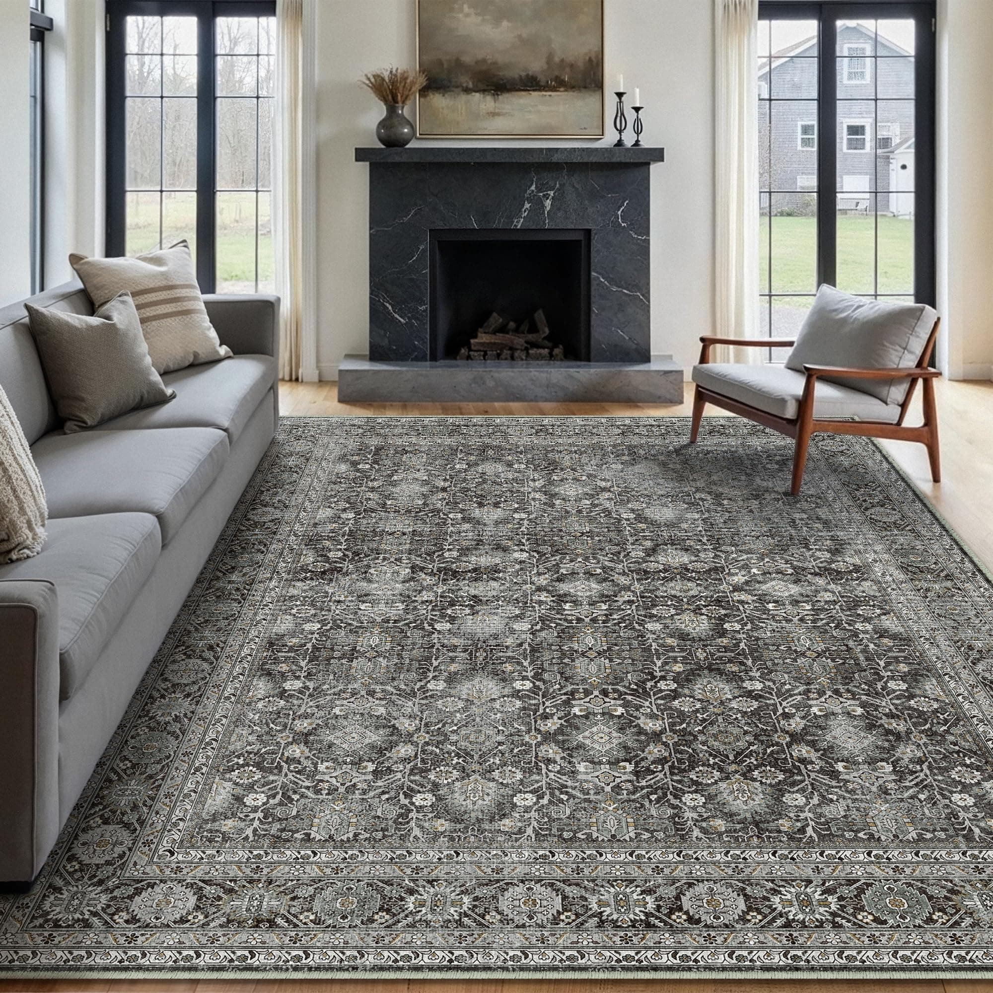 HUGEAR Vintage Tappeto 240x300cm Nero Antiscivolo Lavabile In Lavatrice Salotto Camera Da Pranzo Sedia Ufficio Tappeti Grandi Rug Esterno Pelo Corto Carpet