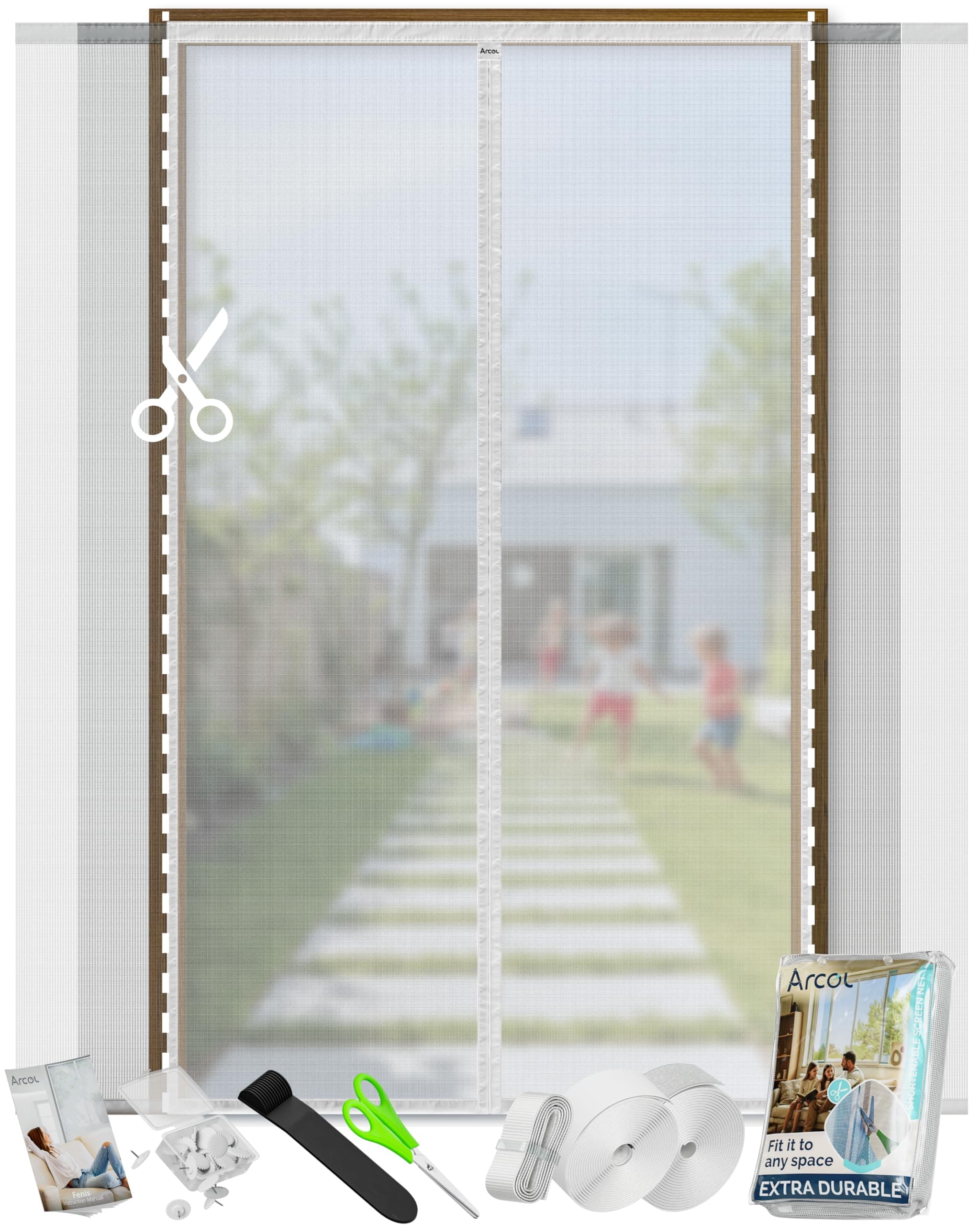 ARCOL Zanzariera Magnetica per porte Regolabile in Larghezza – Tenda Zanzariera Porta Finestra con Fettucce a Strappo, Zanzariera magnetica porta finestra accorciabile (155x200 cm, Bianco)