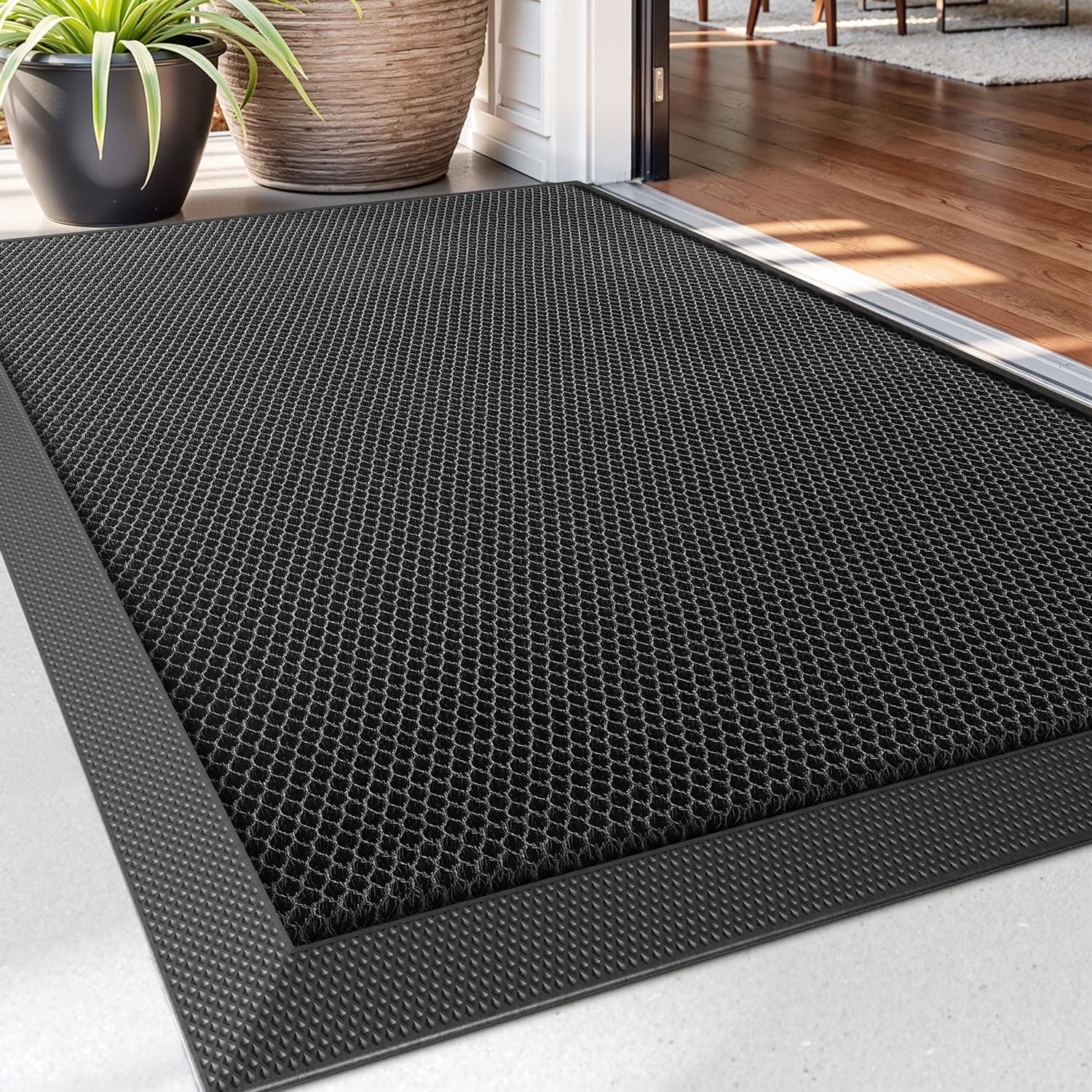DEXI Felpudo Entrada Casa 60 x 90 cm, Alfombra Antideslizante, Atrapa Suciedad y Barro, Fácil de Limpiar, Impermeable Alfombrillas para Puerta de Interior y Exterior, Balcón, Jardín, Negro
