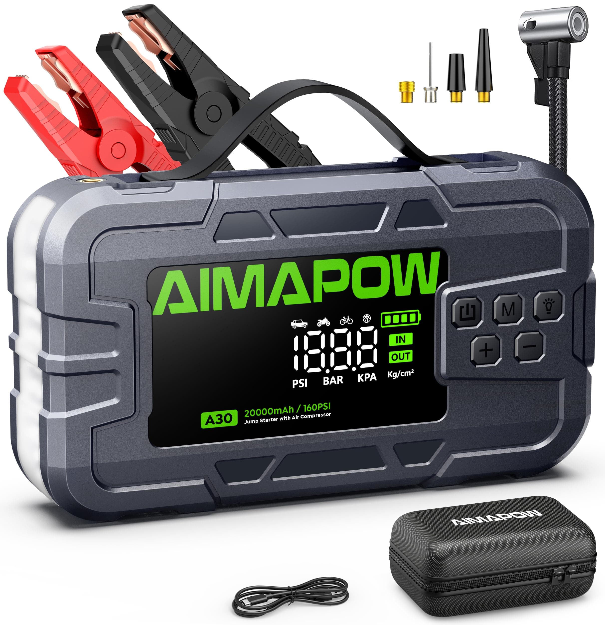 Booster Batterie Voiture 8000A, AIMAPOW Démarreur Batterie Voiture avec Compresseur d'air 160PSI, Jump Starter 12V pour Tous Moteurs Essence et Diesel 12L, Gonflage Auto, Écran LCD, Lampe LED 600LM