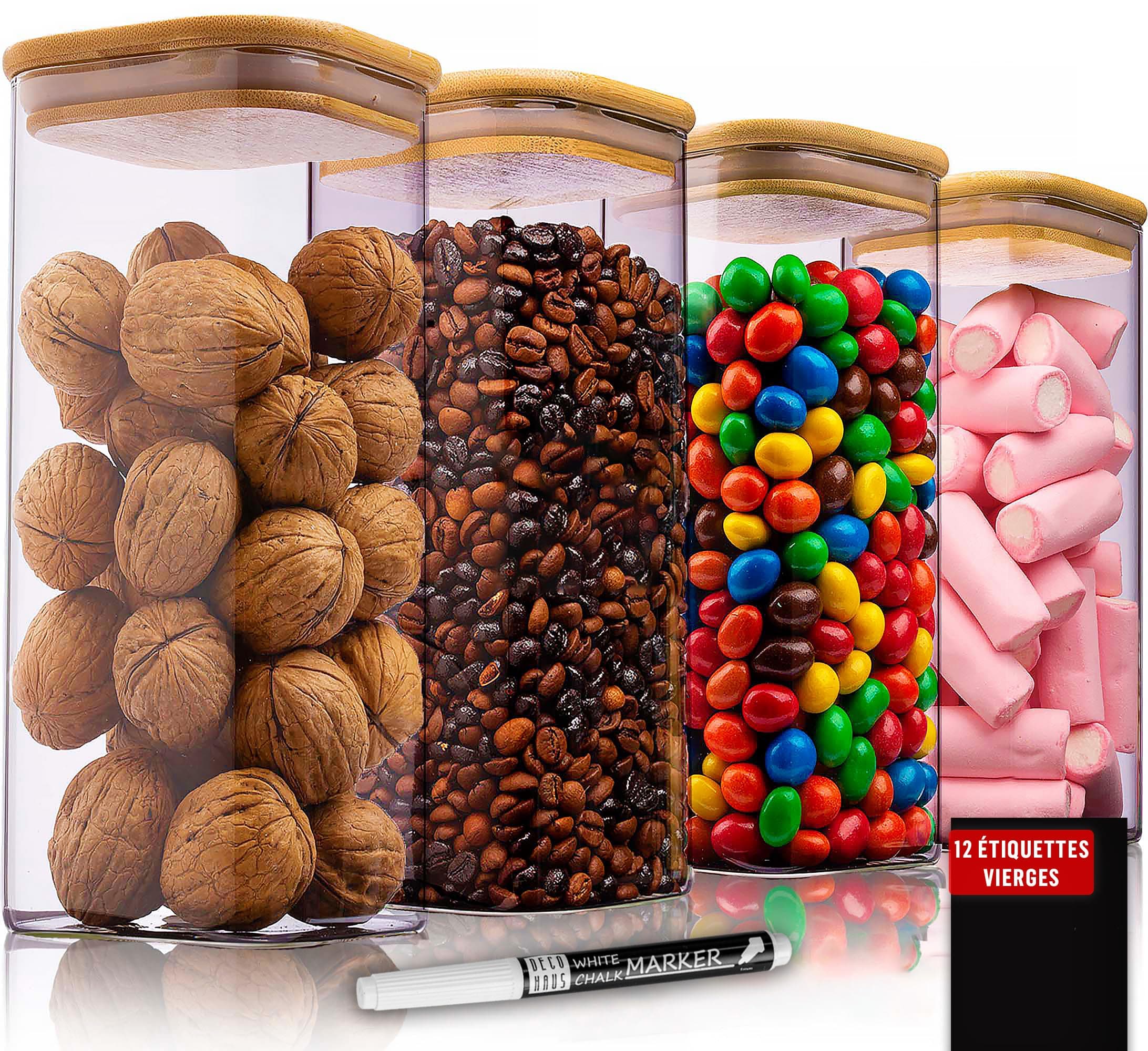 Deco haus® Bocaux en Verre Hermétique Lot de 4 [+ÉTIQUETTES] - Bocal en Verre avec Couvercle 4x1600ml - Bocal Rangement Cuisine - Bocaux de Conservation - Boite Anti Mites - Pot Hermétique Alimentaire