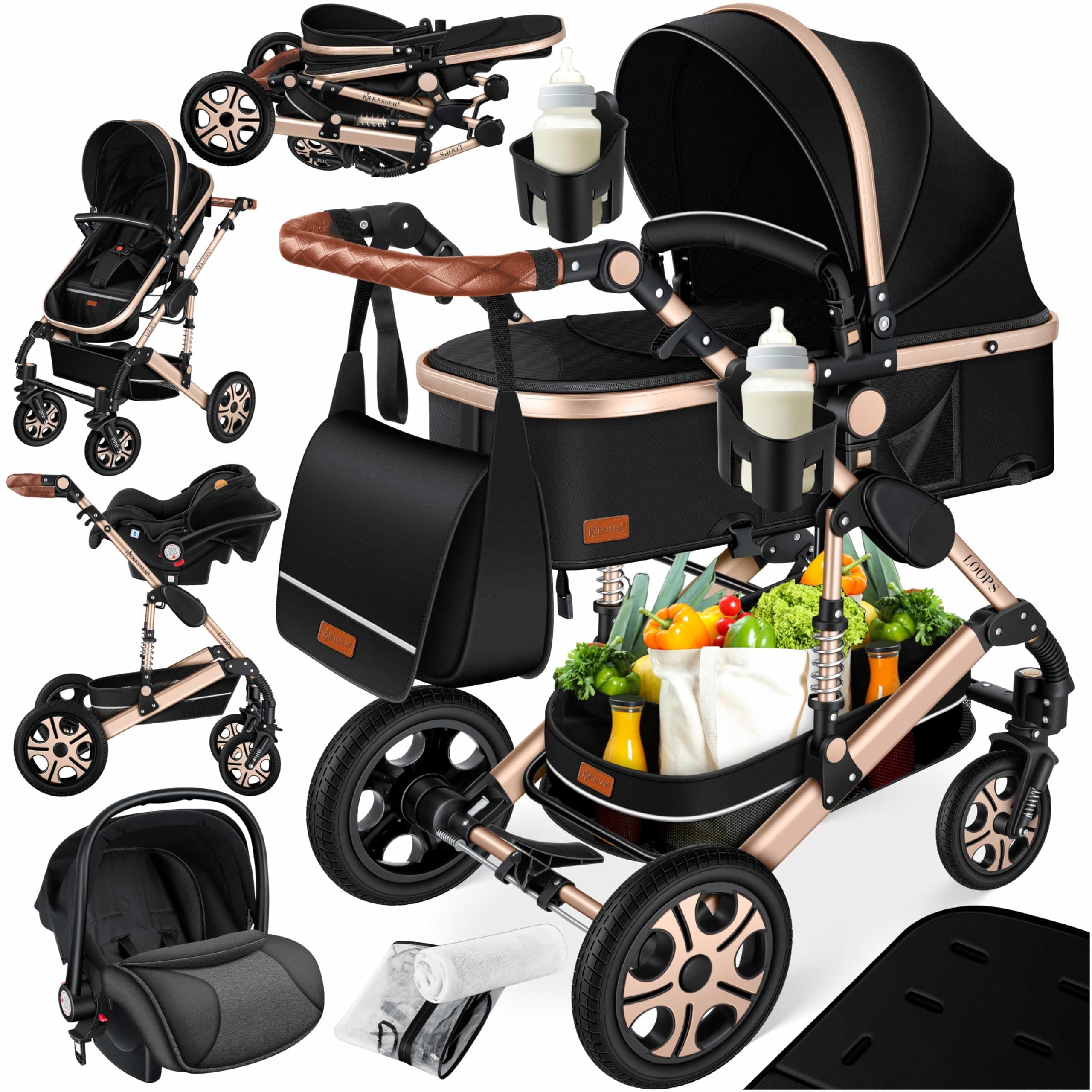 KESSER® Carrozzina 3in1 Loops, Carrozzina Combinata con navicella, Seggiolino sportivo, Seggiolino auto, Borsa Fasciatoio, Parapioggia, Tavolino per Bambini, Nero/Champagne
