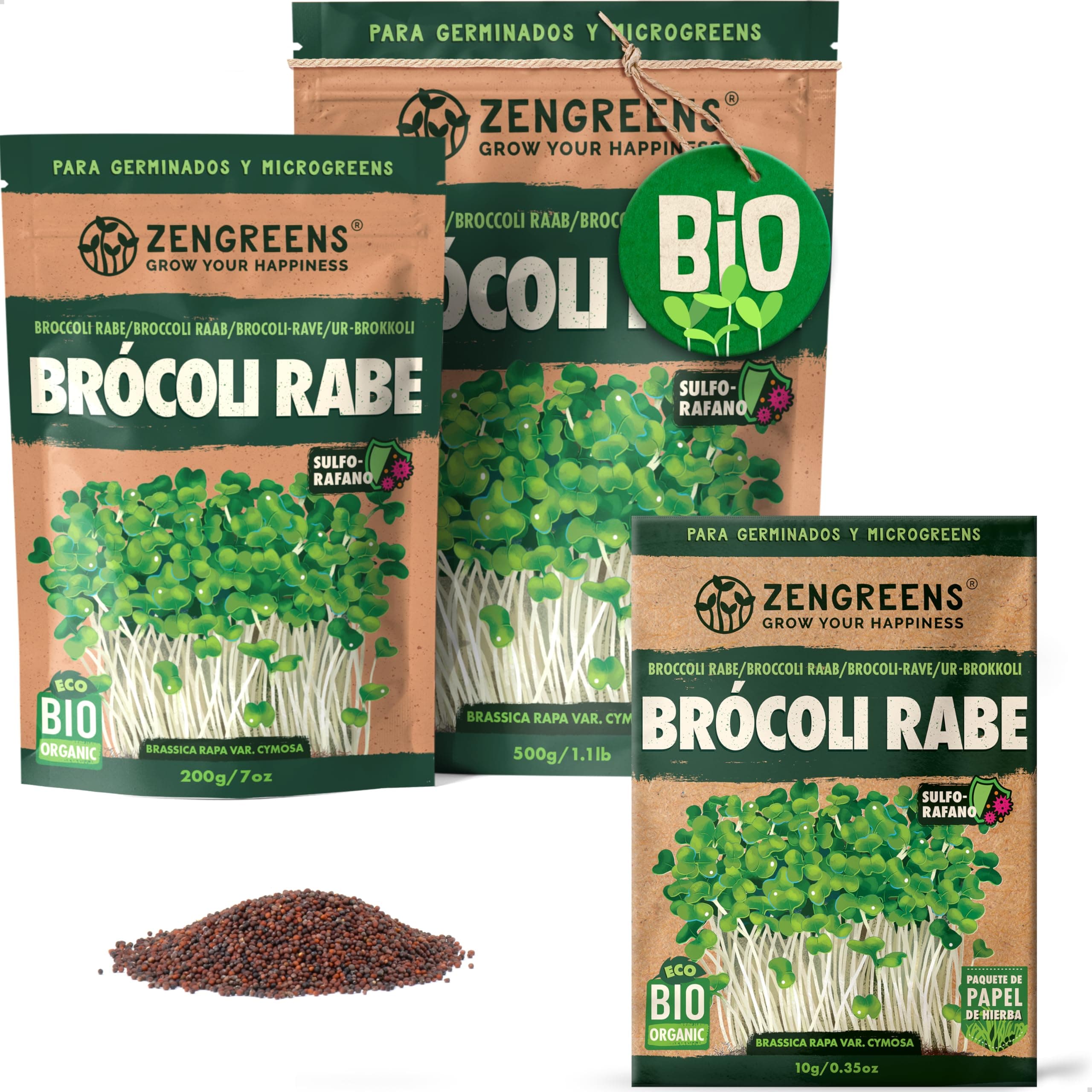 ZenGreens® - Semillas de brócoli ecológico - Elija entre 10g, 200g y 500g - brotes de cime di rapa - germinación de más del 97% - Microgreens