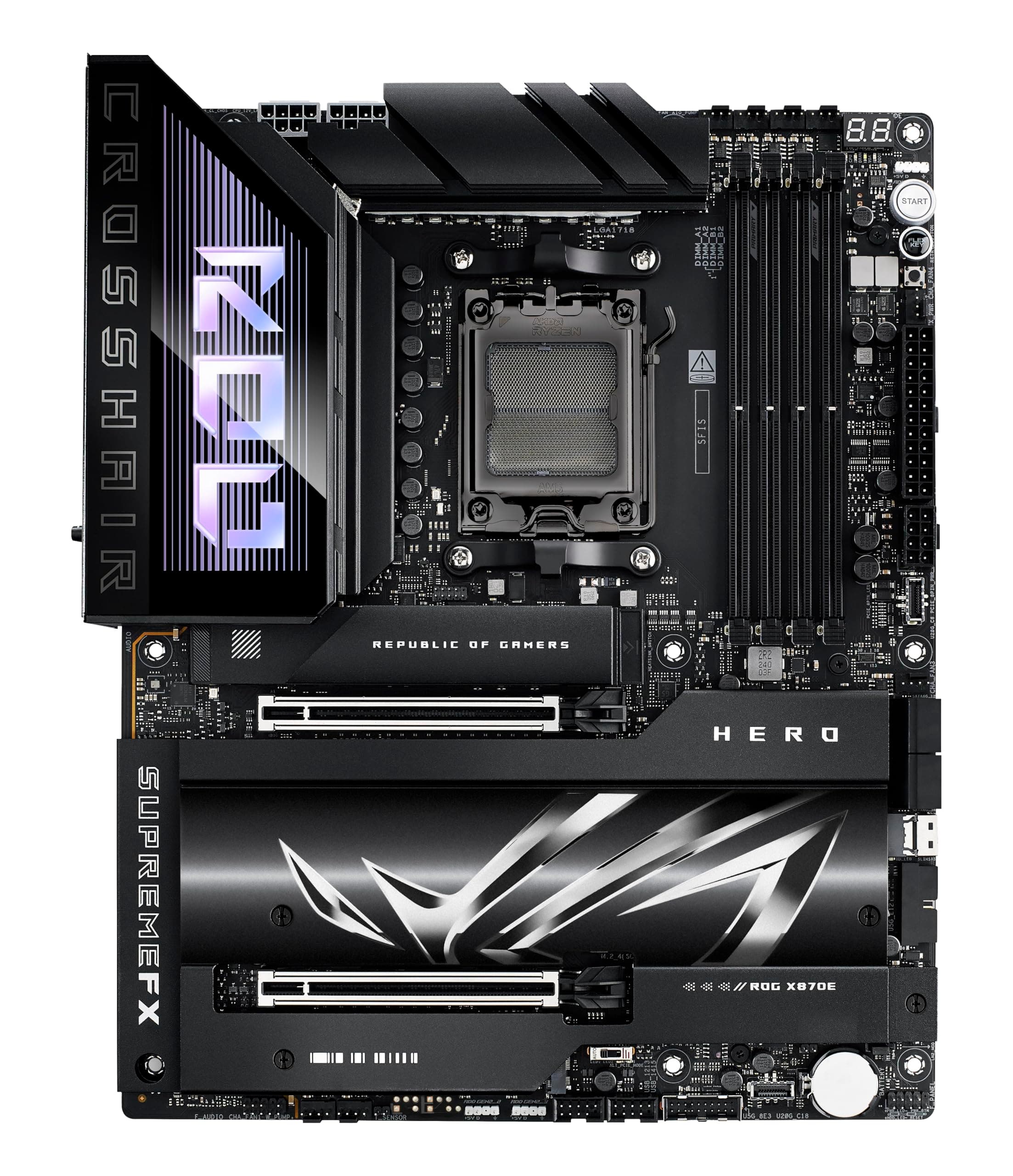 ASUS ROG Crosshair X870E Hero ATX, 18+2+2 stadi di alimentazione, slot DDR5, PCIe 5.0, le GPU di nuova generazione, cinque slot M.2, Wi-Fi 7, USB4, AI Overclocking, Slot PCIe Q-Release Slim