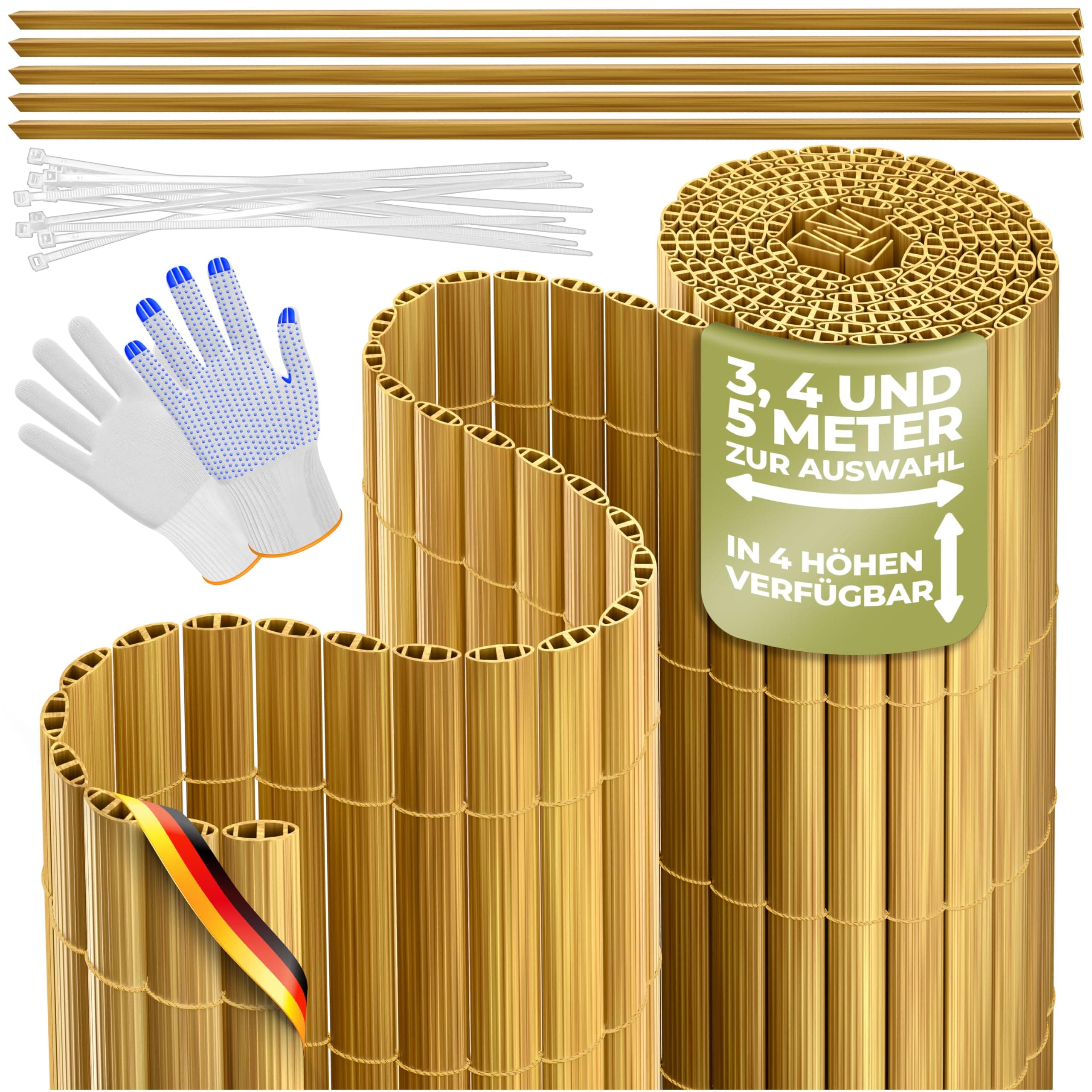 KESSER® PVC Sichtschutzmatte Sichtschutzzaun 120x400cm Balkonverkleidung Windschutz verstärkte Lamellen für Garten Balkon & Terrasse Balkonumrandung inkl Kabelbindern, Abdeckung & Handschuhe Bambus