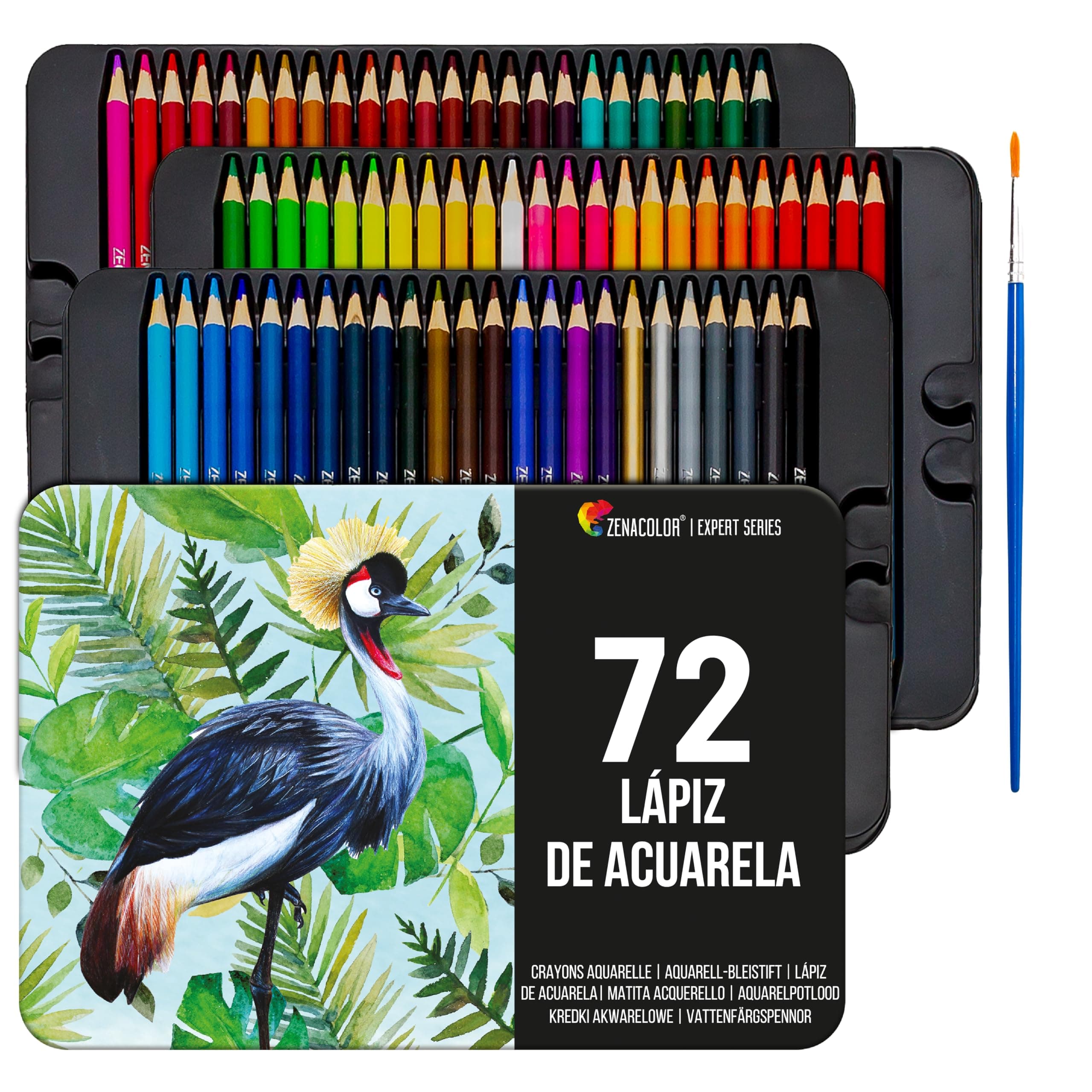 Zenacolor 72 Lapices Acuarelables Pincel y Maletin de Metal Kit de Lápices de Colores - 72 Colores Únicos - Coloreado para Adultos, Niños, Artistas Principiantes y Expertos