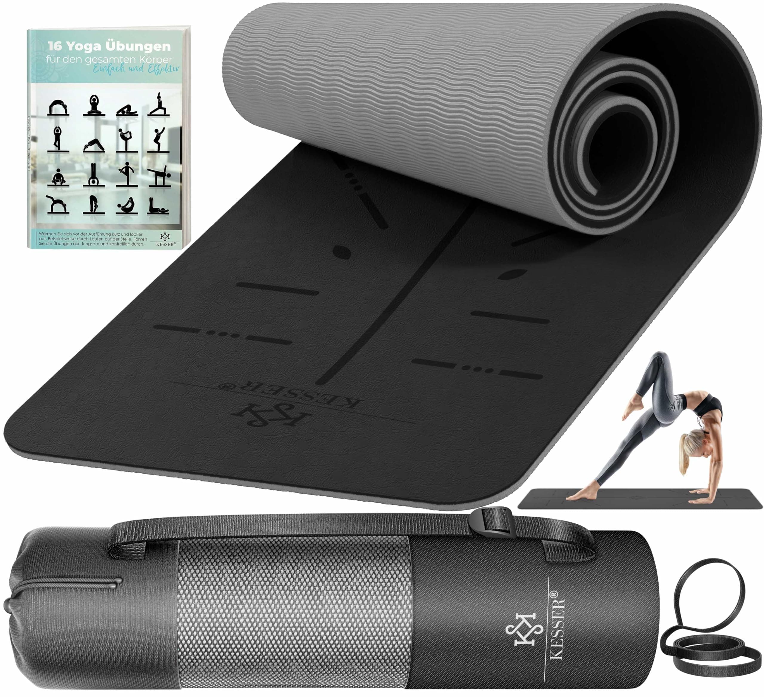 KESSER® Gymnastikmatte mit Tragegurt rutschfest TPE Yogamatte Gepolstert & rutschfest Fitnessmatte, 183 x 61 Trainingsmatte für Fitness Sportmatte, Pilates & Gymnastik Workout