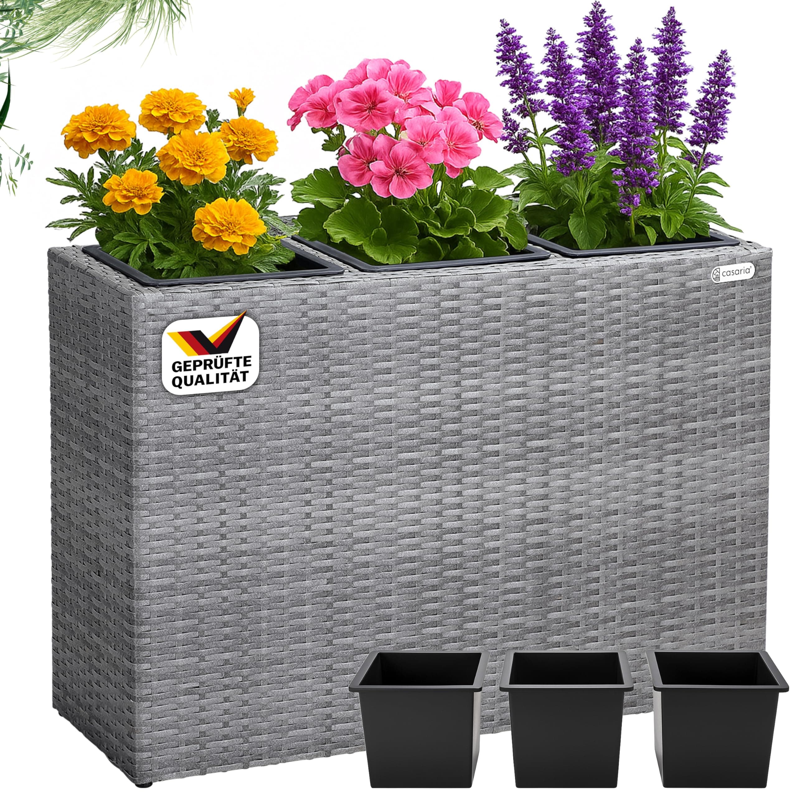 Casaria® Blumenkasten 3 Innentöpfe Polyrattan Herausnehmbar Wasserablauf Outdoor Rechteckig Pflanzkasten Blumentopf Hochbeet Pflanzkübel Grau