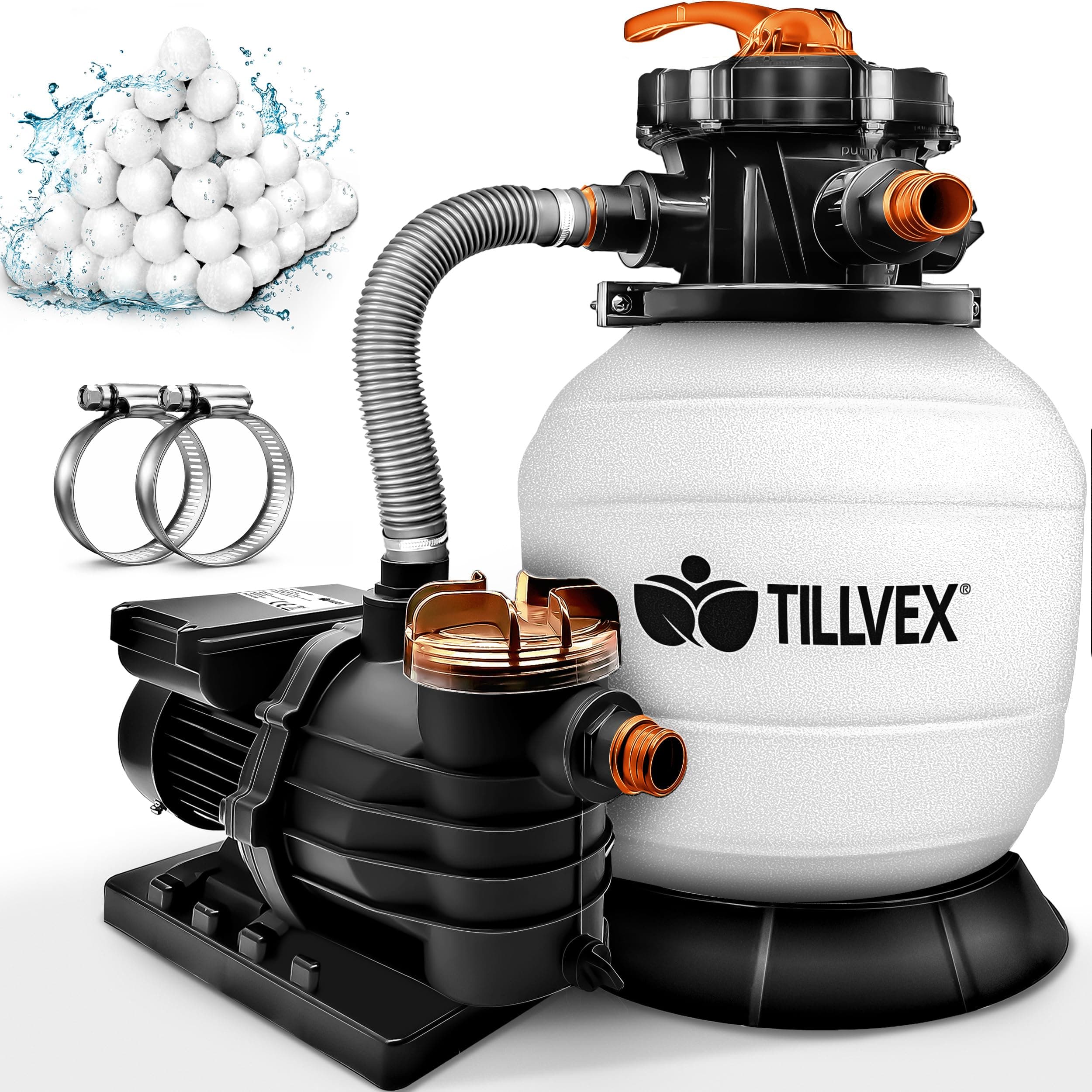 tillvex Système de Filtre à Sable 10 m³/h + 800g Boules de filtre – 7 Fonctions de Filtration | Filtre de Piscine avec indicateur de pression | Filtre à sable pour les bassins aquatiques & piscines