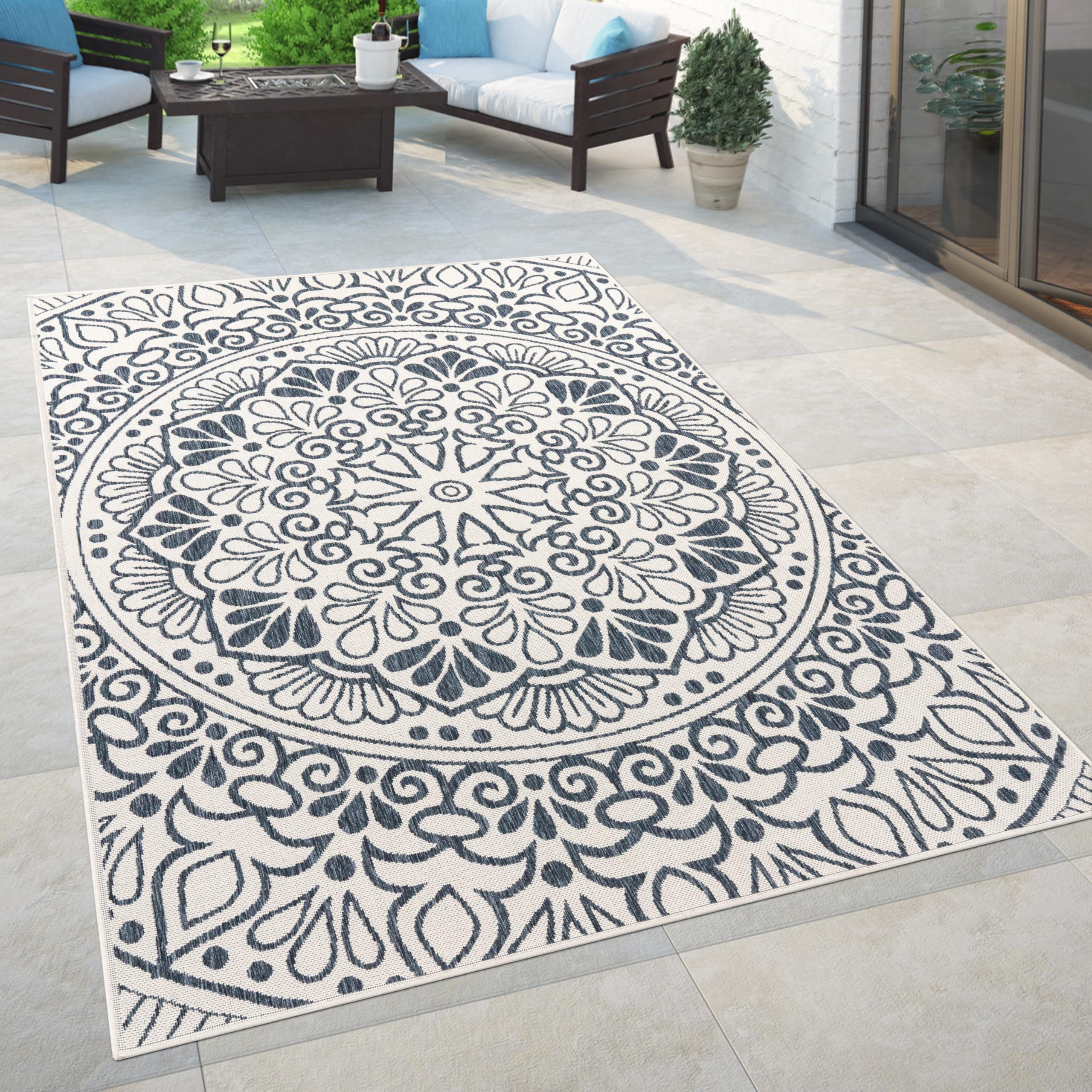 Paco Home In- & Outdoor Teppich Balkon Terrasse Vintage Orientalisches Muster Ornamente, Grösse:80x150 cm, Farbe:Blau 2