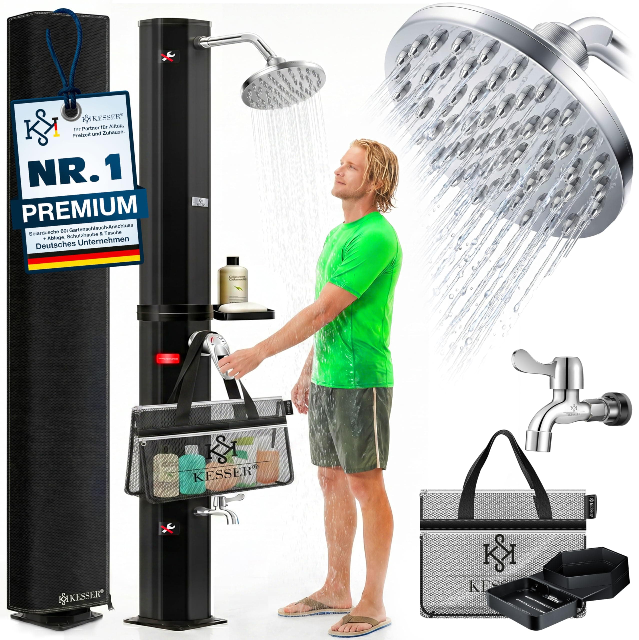 KESSER® Solardusche 60L Gartendusche, Solar Dusche für Garten & Pool mit warmem Wasser, Pooldusche ohne Strom, Regenduschkopf & Wasserhahn mit Gartenschlauch-Anschluss + Ablage, Schutzhaube & Tasche