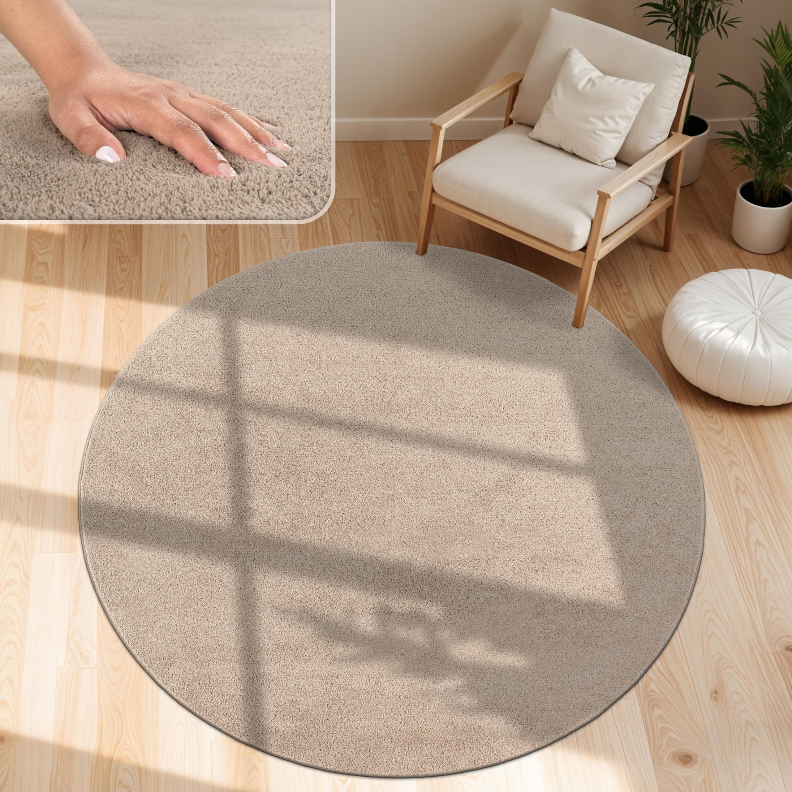 Paco Home Moderner Kuscheliger Wohnzimmer Teppich Kurzflor waschbar flauschig Weich Einfarbig Felloptik zeitlos stilvoll rutschfest pflegeleicht, Grösse:160 cm Rund, Farbe:Taupe