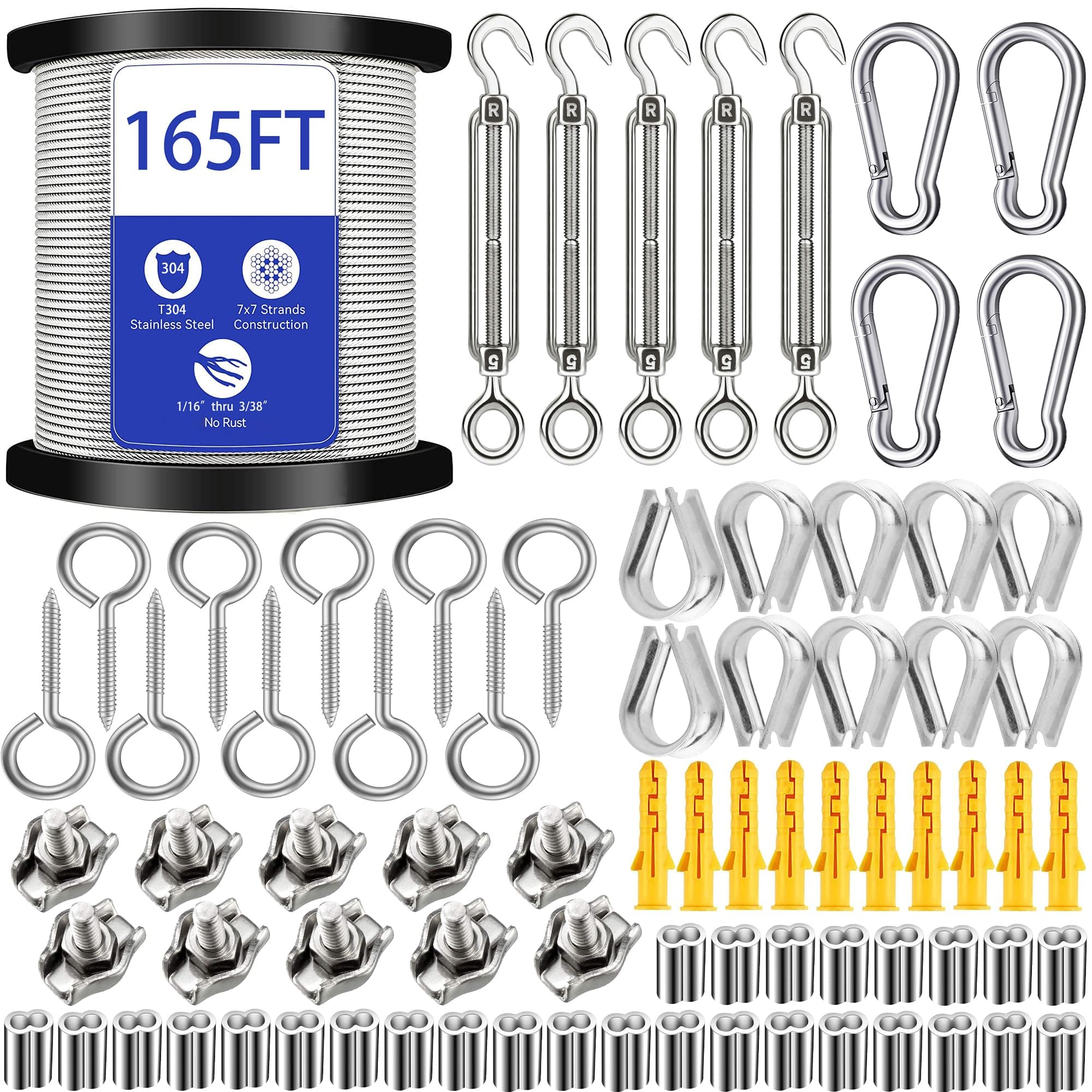 Cavo Acciaio Rivestito 50m,304 Cavetto in Acciaio inossidabile,Tiranti per Filo Acciaio,M5 Tenditore,Filo Stendibiancheria per Esterno, Clip per Fune
