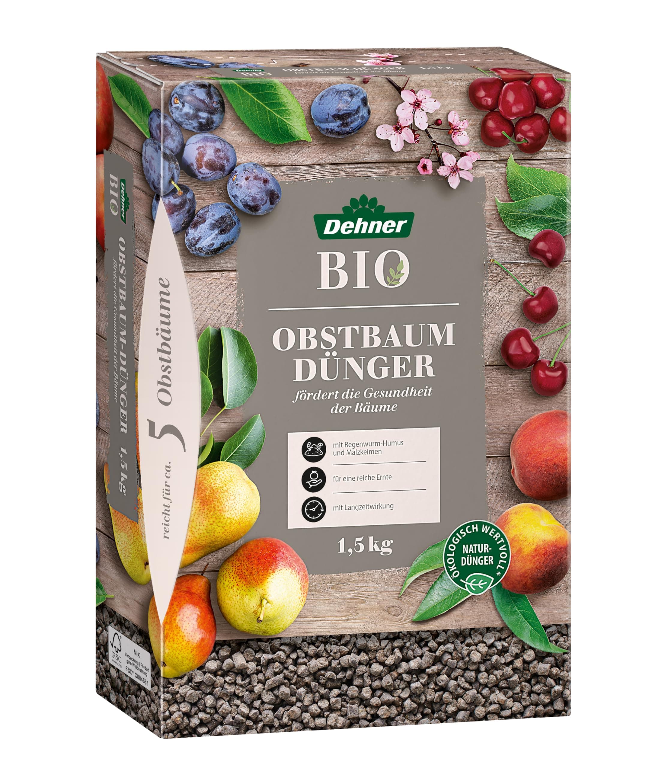 Dehner Bio Obstbaumdünger, hochwertiger Dünger für Obstbäume, organischer NPK-Dünger, mit Spurennährstoffen, ökologisch wertvoll, natürliche Langzeitwirkung, 1.5 kg, bunt