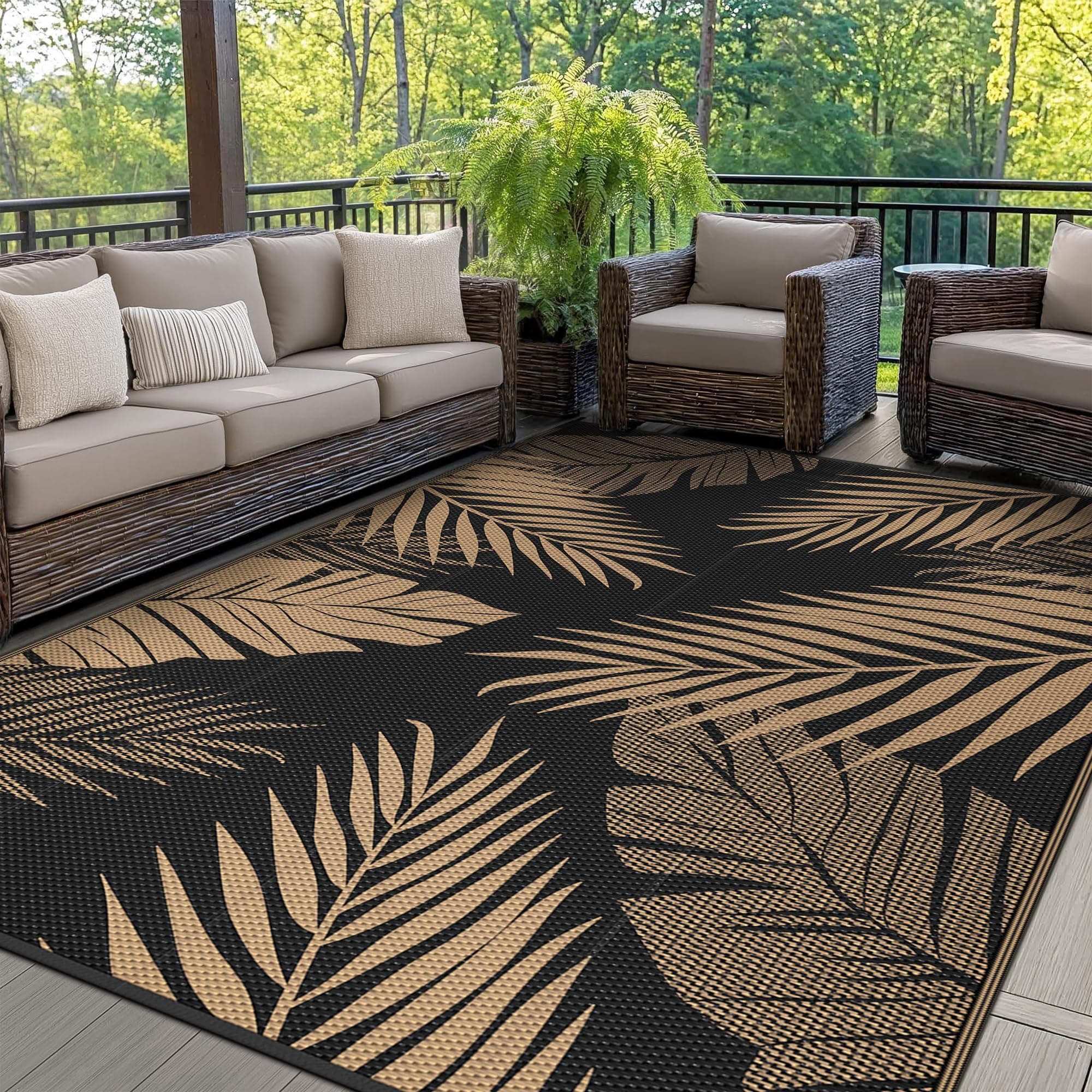 GENIMO Alfombra Exterior Terraza,Impermeable Reversible Plástico, Alfombra Barbacoa Exterior para Jardín, Picnic, Balcón, Hoja Negro Marrón, 240 x 300 cm