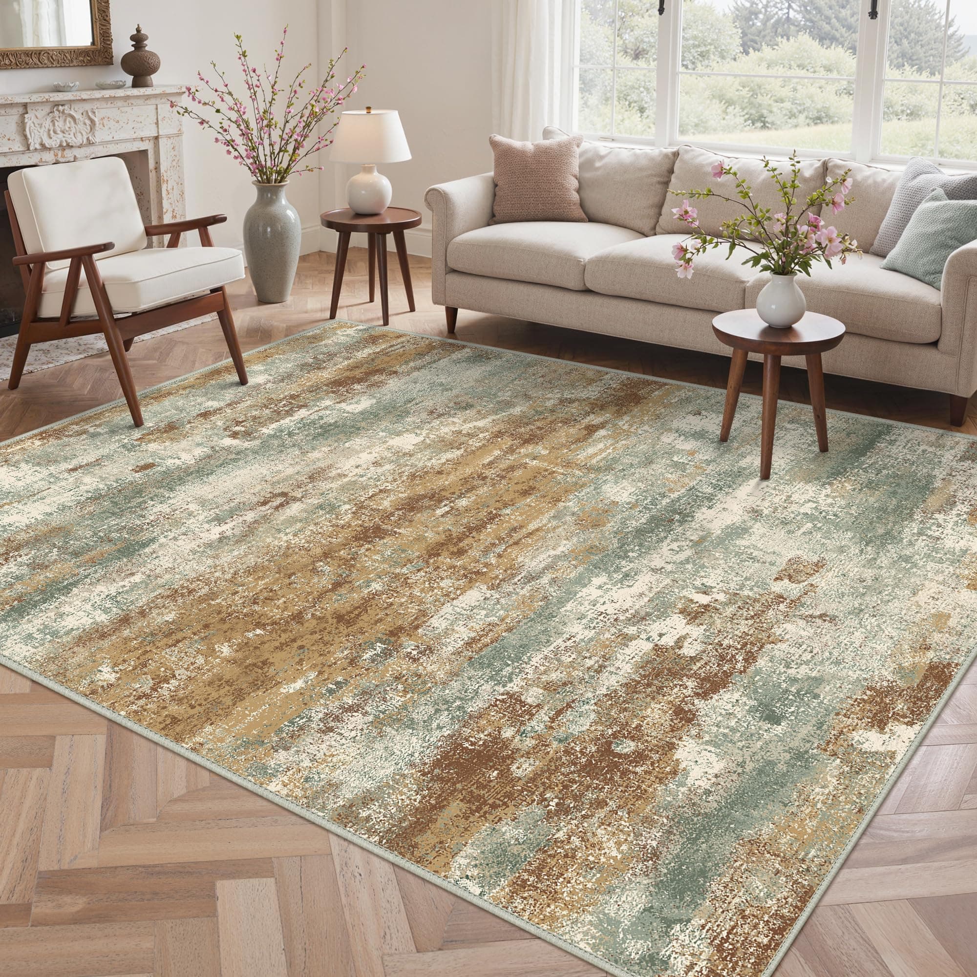 BEIMO Alfombra de Salón de Pelo Corto, Tapetes Abstractos Modernos Antideslizantes y Lavables, Alfombra Grande para Sala, Habitación, Dormitorio, Comedor, Ámbar Susurrante, 200X290CM