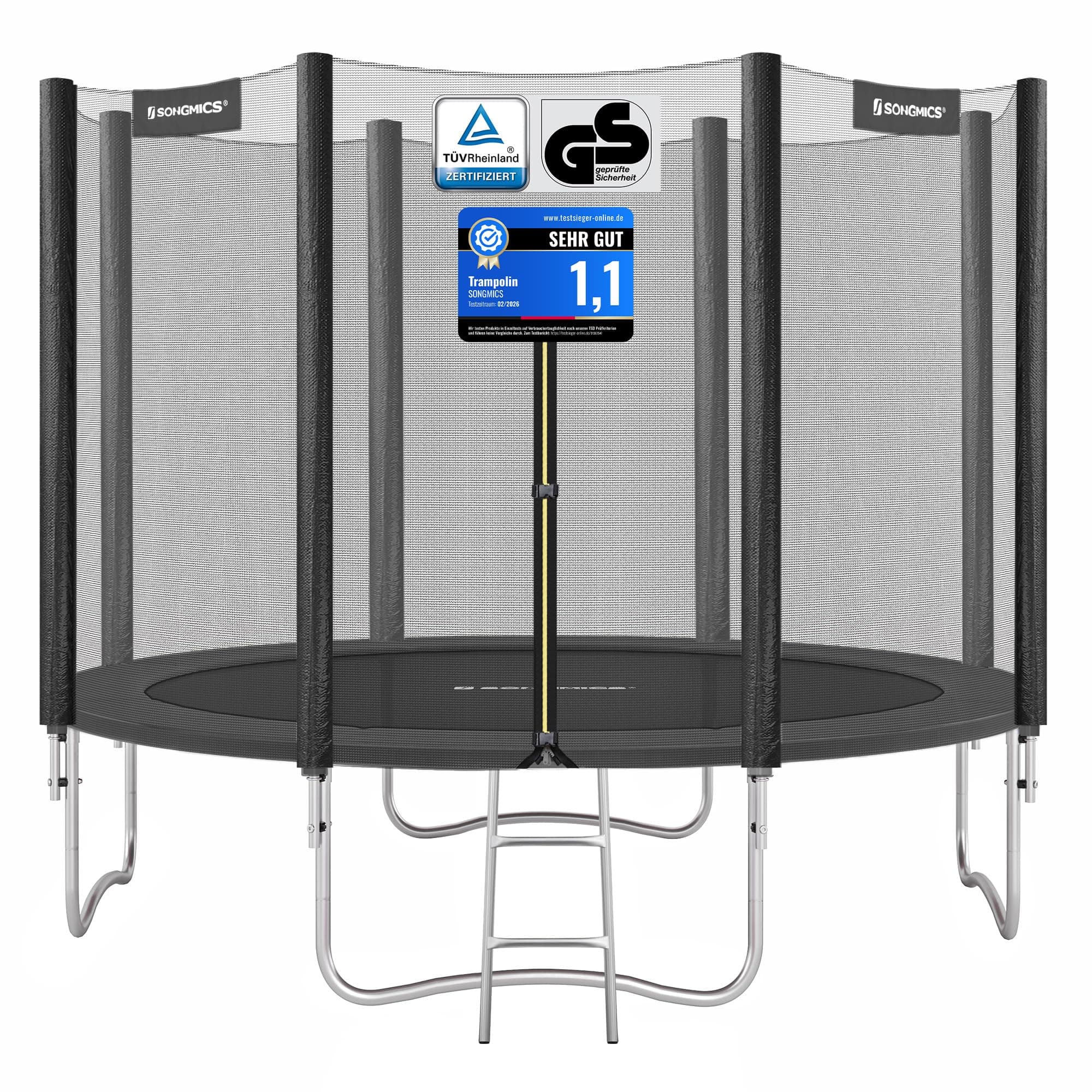 SONGMICS Trampolin Outdoor Ø 183/244/305/366/427 cm, rundes Gartentrampolin Kindertrampolin mit Randabdeckung, mit Sicherheitsnetz, mit Leiter und gepolsterten Stangen