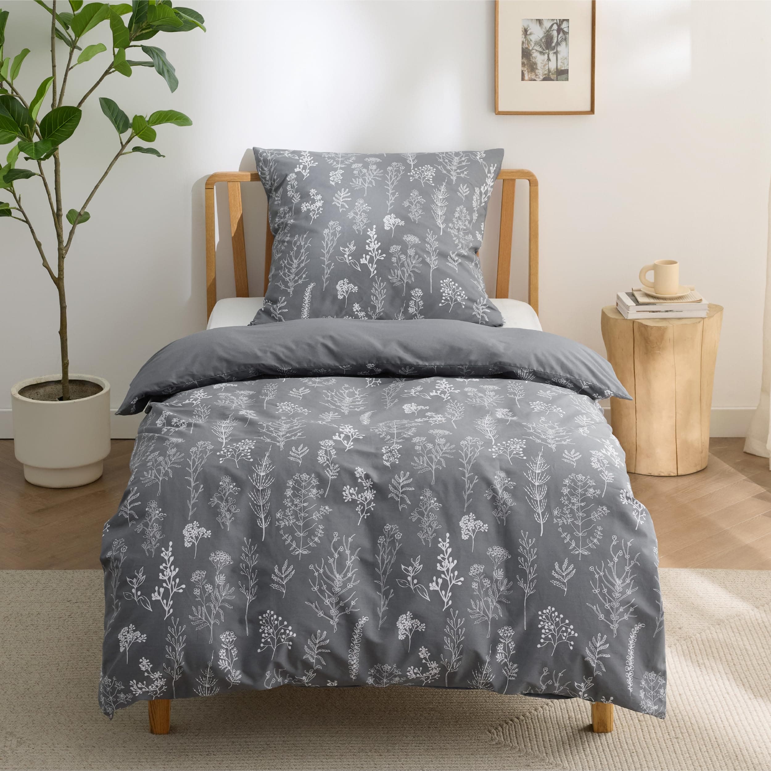 BEDSURE Bettwäsche 135x200 Baumwolle Grau - Bettwäsche-Sets 135 x 200 cm Bettbezug 2teilig mit Kissenbezug 80x80 cm, ÖKO-TEX Wendebettwäsche Bedding Pflanzen Blumen Muster mit Reißverschluss