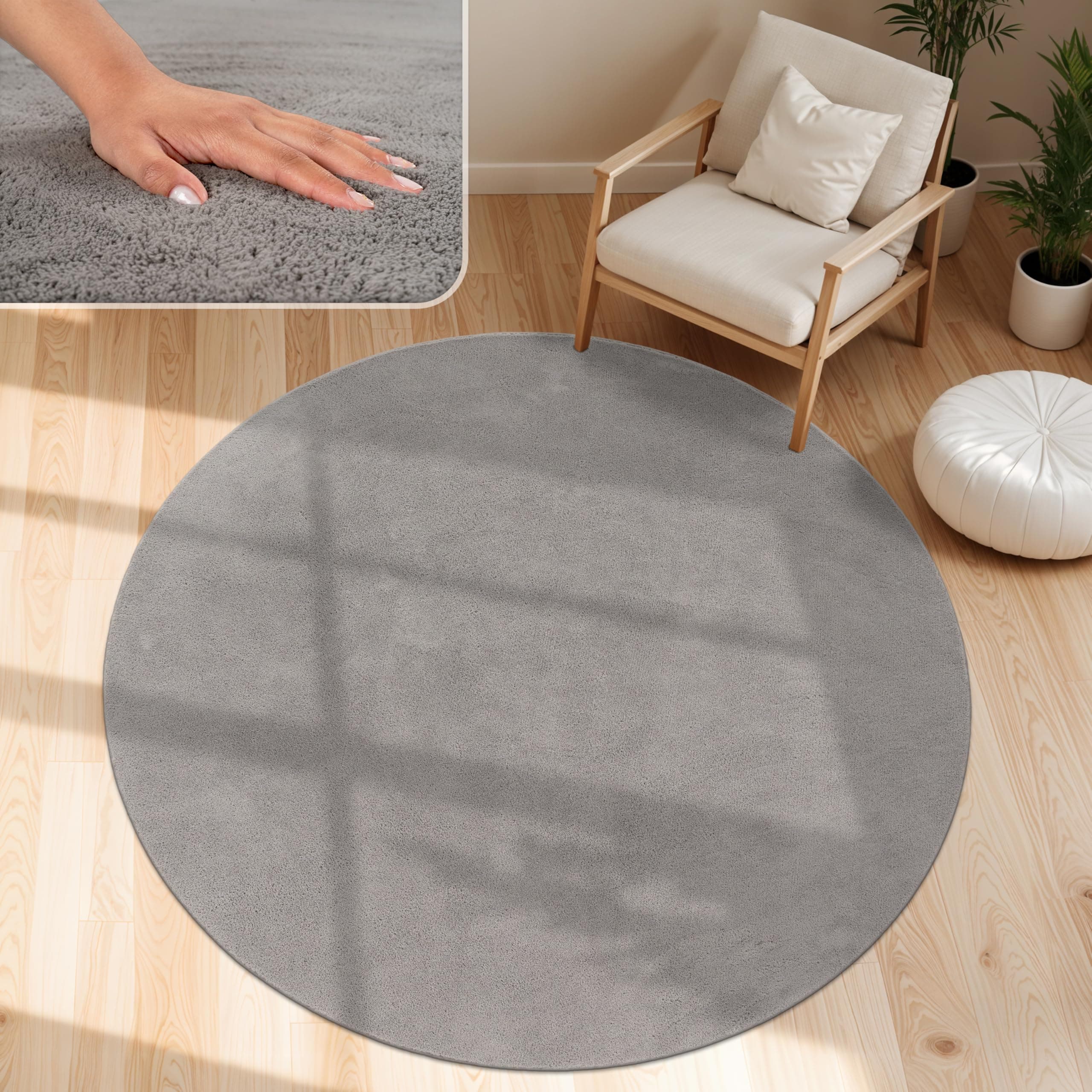 Paco Home Moderner Kuscheliger Wohnzimmer Teppich Kurzflor waschbar flauschig Weich Einfarbig Felloptik zeitlos stilvoll rutschfest pflegeleicht, Grösse:120 cm Rund, Farbe:Grau