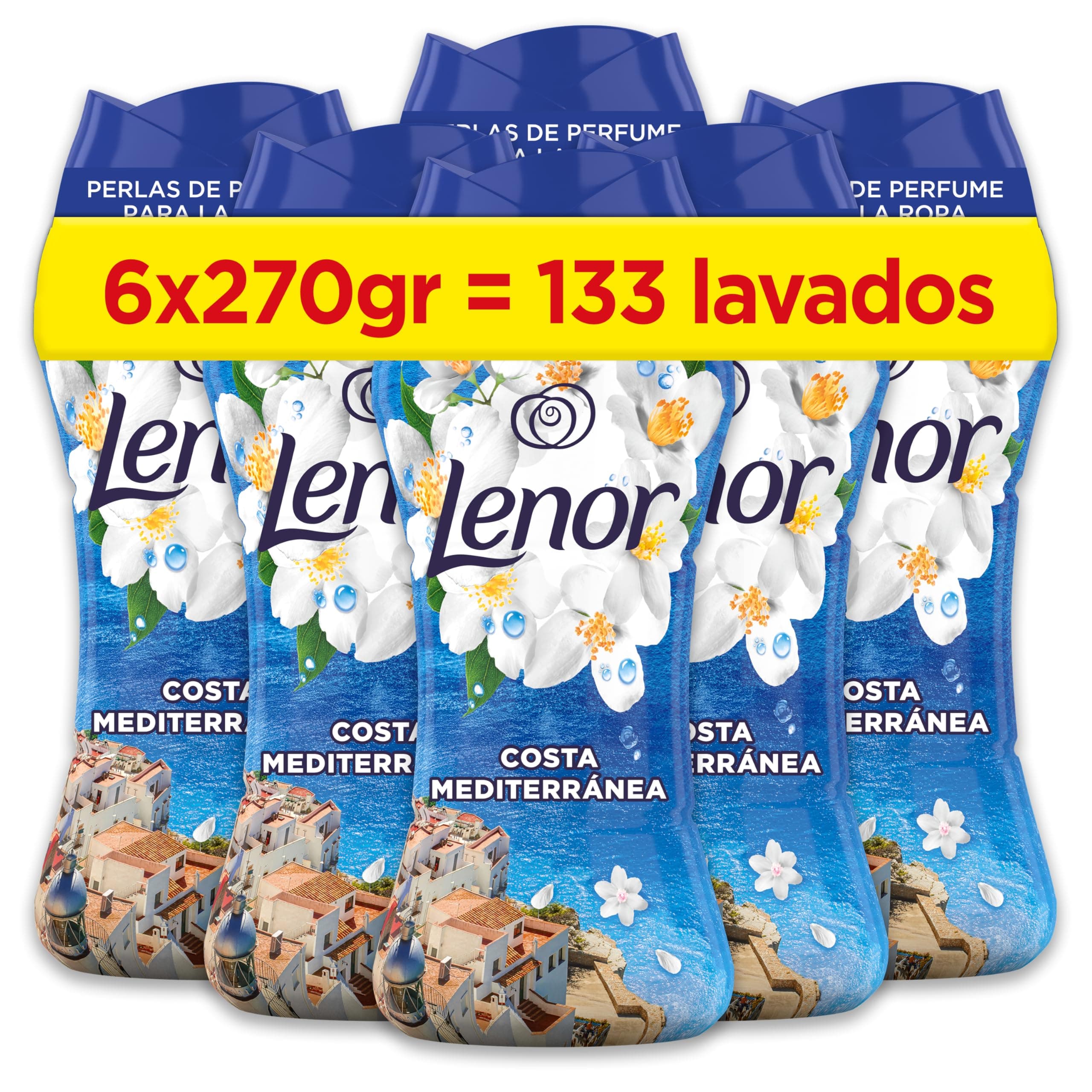 Lenor Perlas De Perfume para la Ropa, 133 Lavados (6 x 270g), Brisa Marina Y Jazmín, Edición Limitada Costa Mediterránea, Frescor Ininterrumpido Hasta 12 Semanas