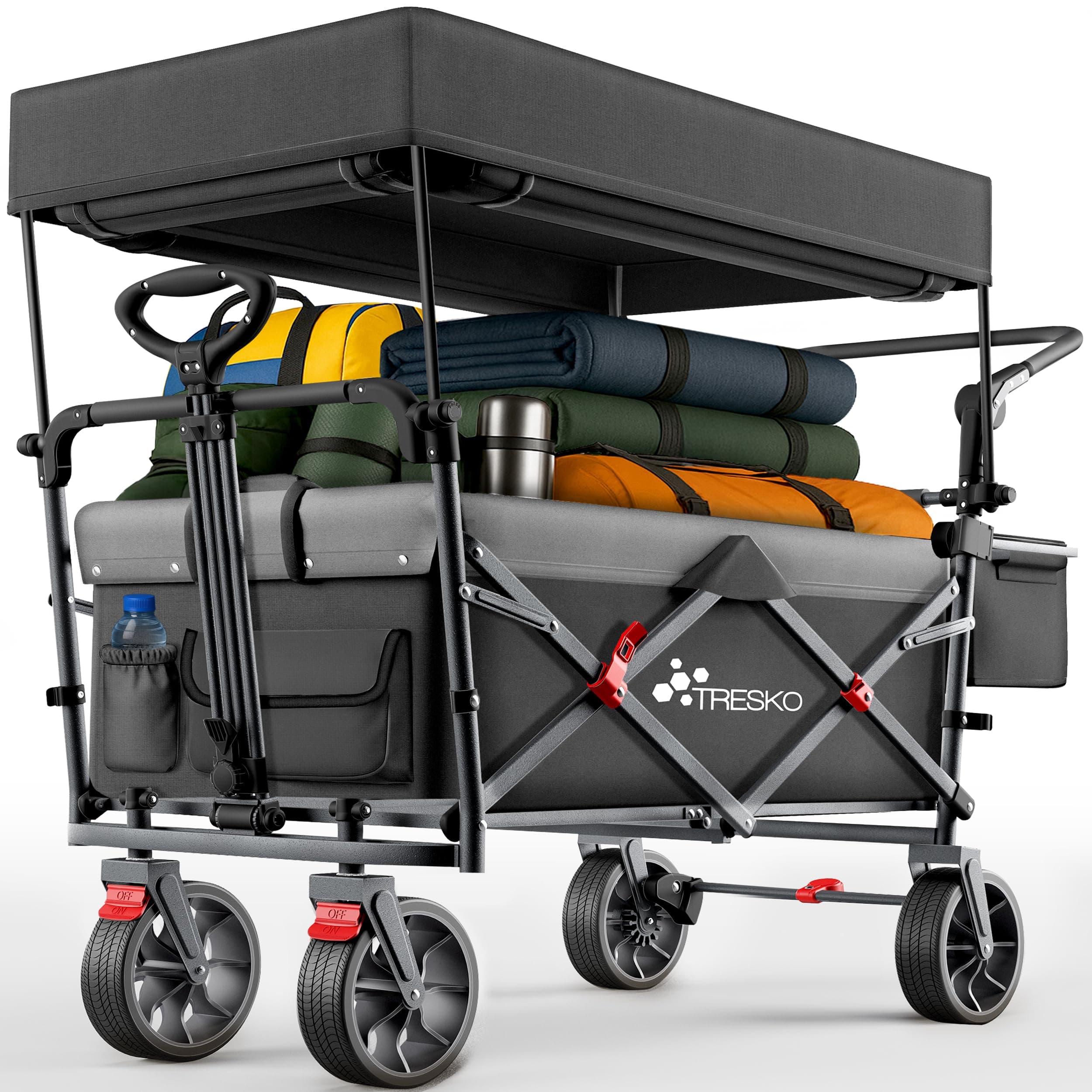 TRESKO® Carro Plegable con Techo, Compartimento de refrigeración y Ruedas Laterales, Carro de Mano máx. soporta hasta 150 kg, Carro de Transporte con neumáticos de Goma Maciza, Frenos