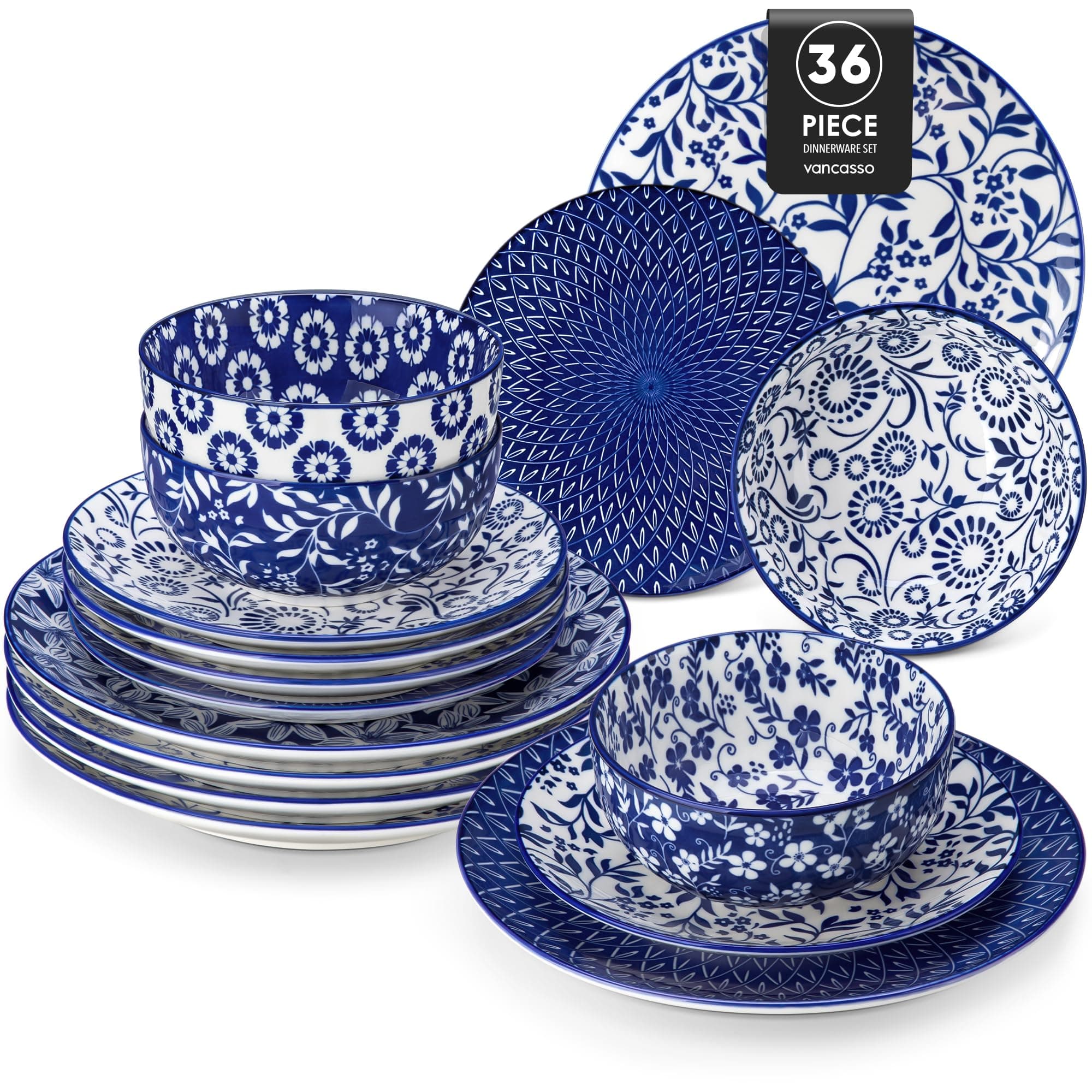 vancasso Selene - Juego de vajilla para 12 personas, 36 piezas de platos y cuencos de porcelana azul vintage, juego de vajilla de cocina, juego de vajilla apto para lavavajillas y microondas