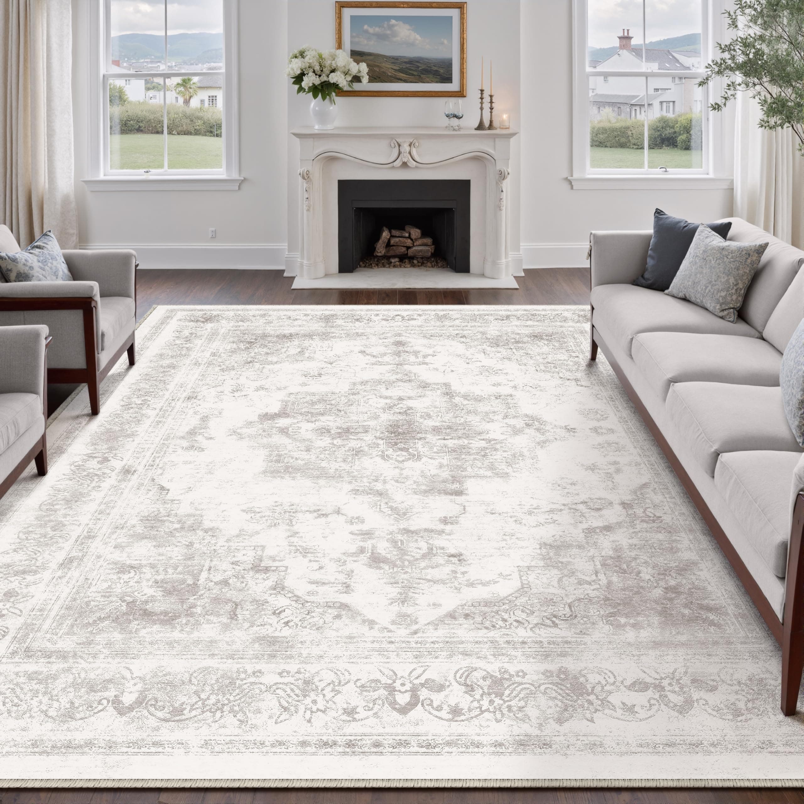 HUGEAR Alfombra Salon Gris Antideslizante Alfombras Lavables en Lavadora Tapetes para Sala 240x300cm Habitacion Dormitorio Comedor Flor Vintage Grande Tapete Pelo Corto tapete Quarto