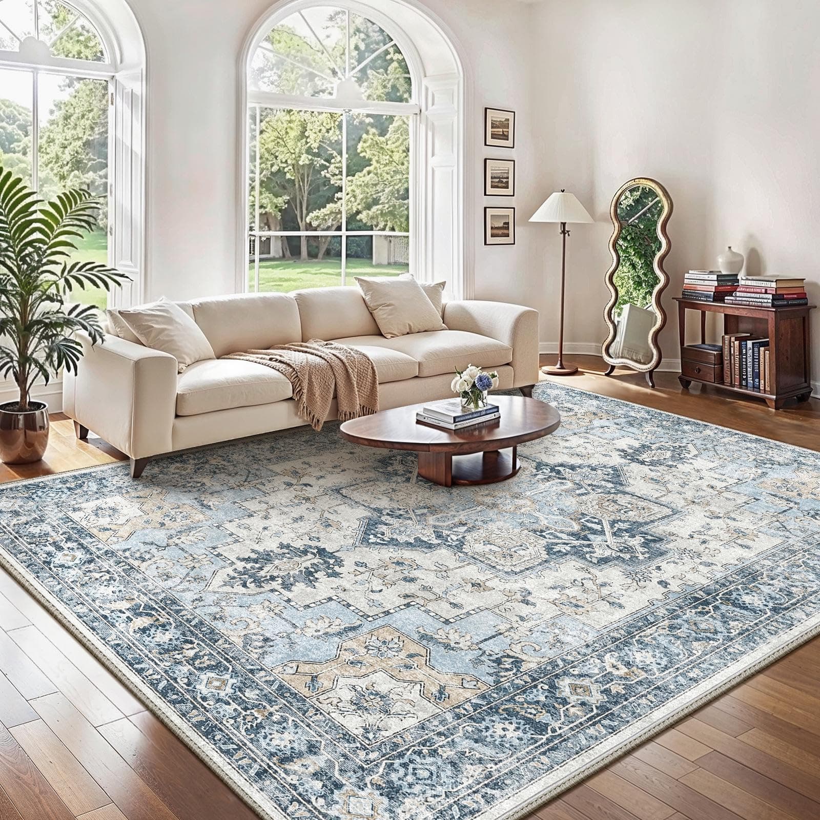 GENIMO Alfombra Salon Vintage Alfombras de Área Lavables en Máquina, Alfombras con Base Antideslizante, Alfombra de Dormitorio de Pelo Corto para Cocina, Comedor, Azul, 240X300CM