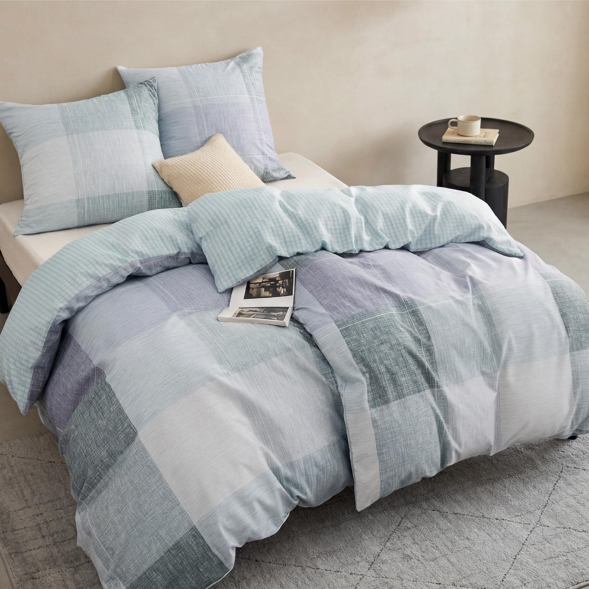 BEDSURE Bettwäsche 135x200 4teilig Bettbezug - Bettwäsche-Sets 135 x 200 cm 2er Set mit 2 Kissenbezüge 80x80cm, ÖKO-TEX Wendebettwäsche Bedding Blau Plaid Kariert Muster mit Reißverschluss