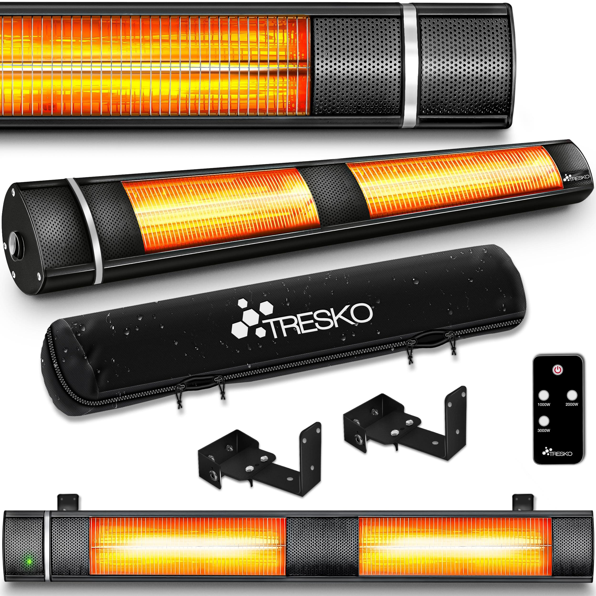 TRESKO Radiateur infrarouge extérieur 3000W | Chauffage radiant terrasse | murale | inclination | télecommande | 3 niveaux | intérieur et extérieur (Noir)