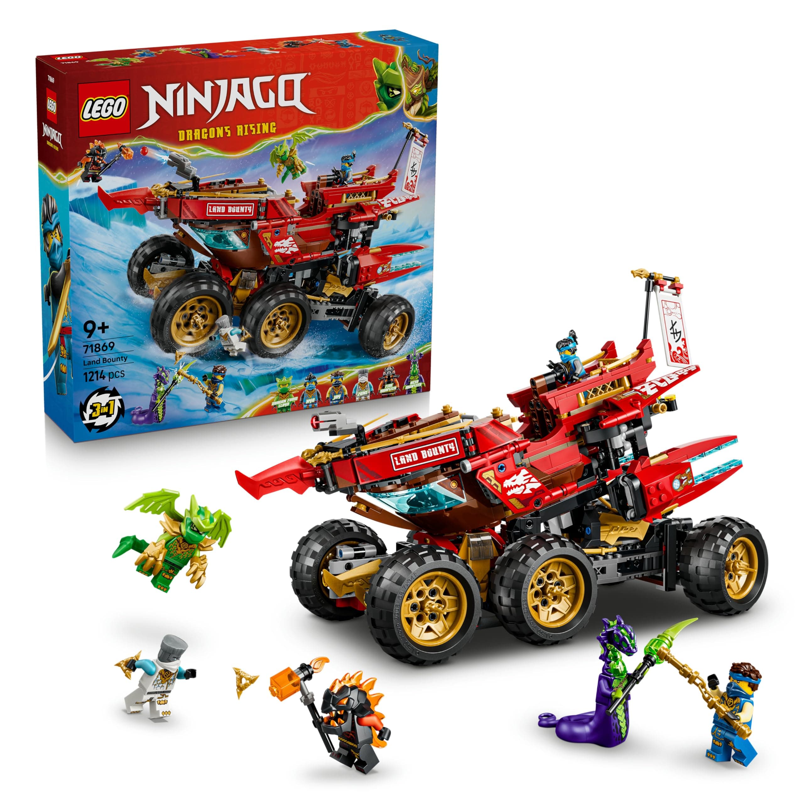 LEGO Ninjago Bounty Terrestre – Set Ninja 3en1 se Transforma en Barco Volador, Coche y Moto – 6 Minifiguras – Regalo de Cumpleaños para Niños de 9+ Años y Fans de El Renacer de los Dragones – 71869