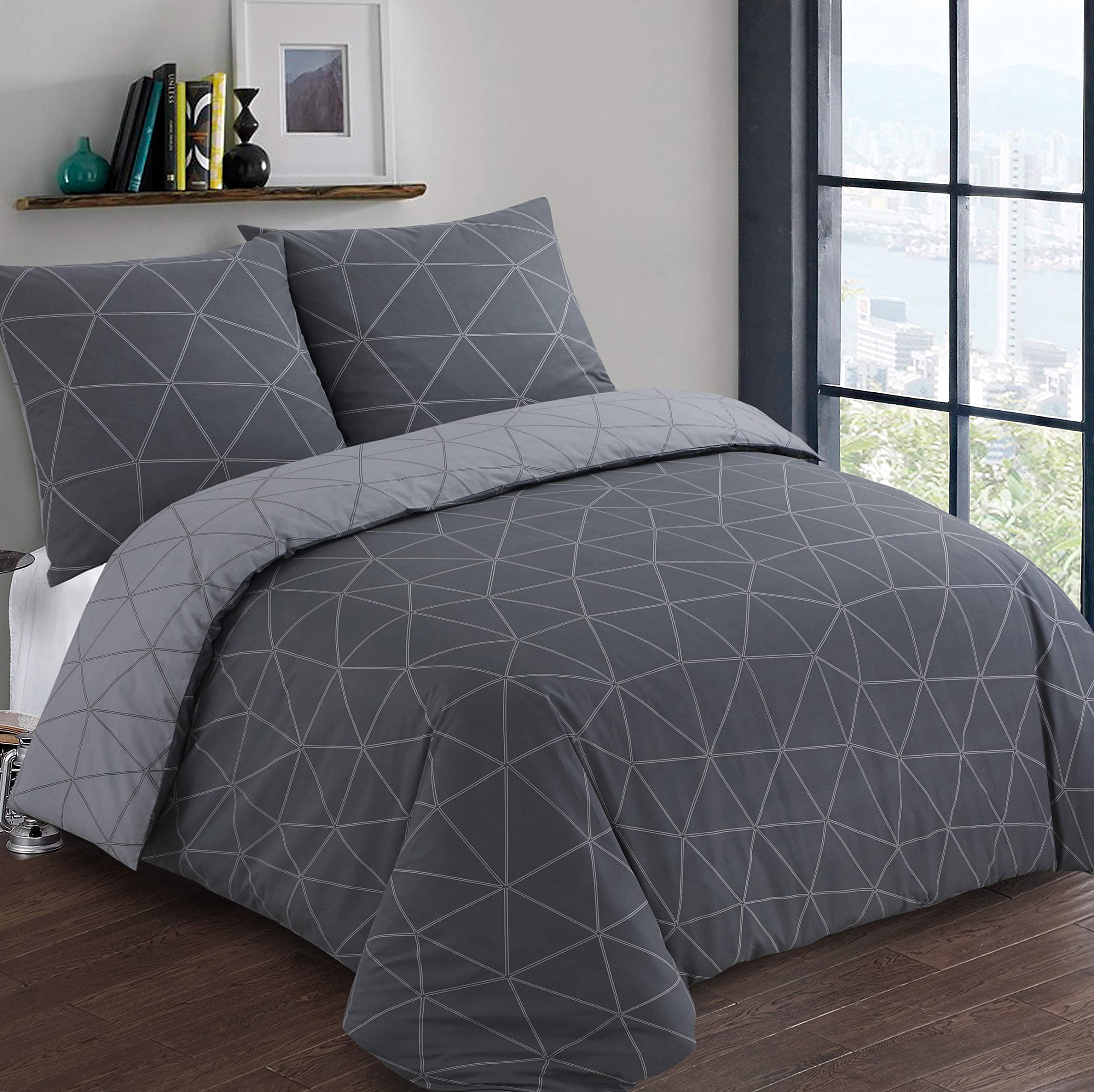 Vision - Parure de lit Réversible 100% Coton - Hugo Anthracite/Gris - Set de Housse de Couette 200x200 cm avec 2 taies d'oreiller pour lit 2 Personnes - Fibres Naturelles - Oekotex