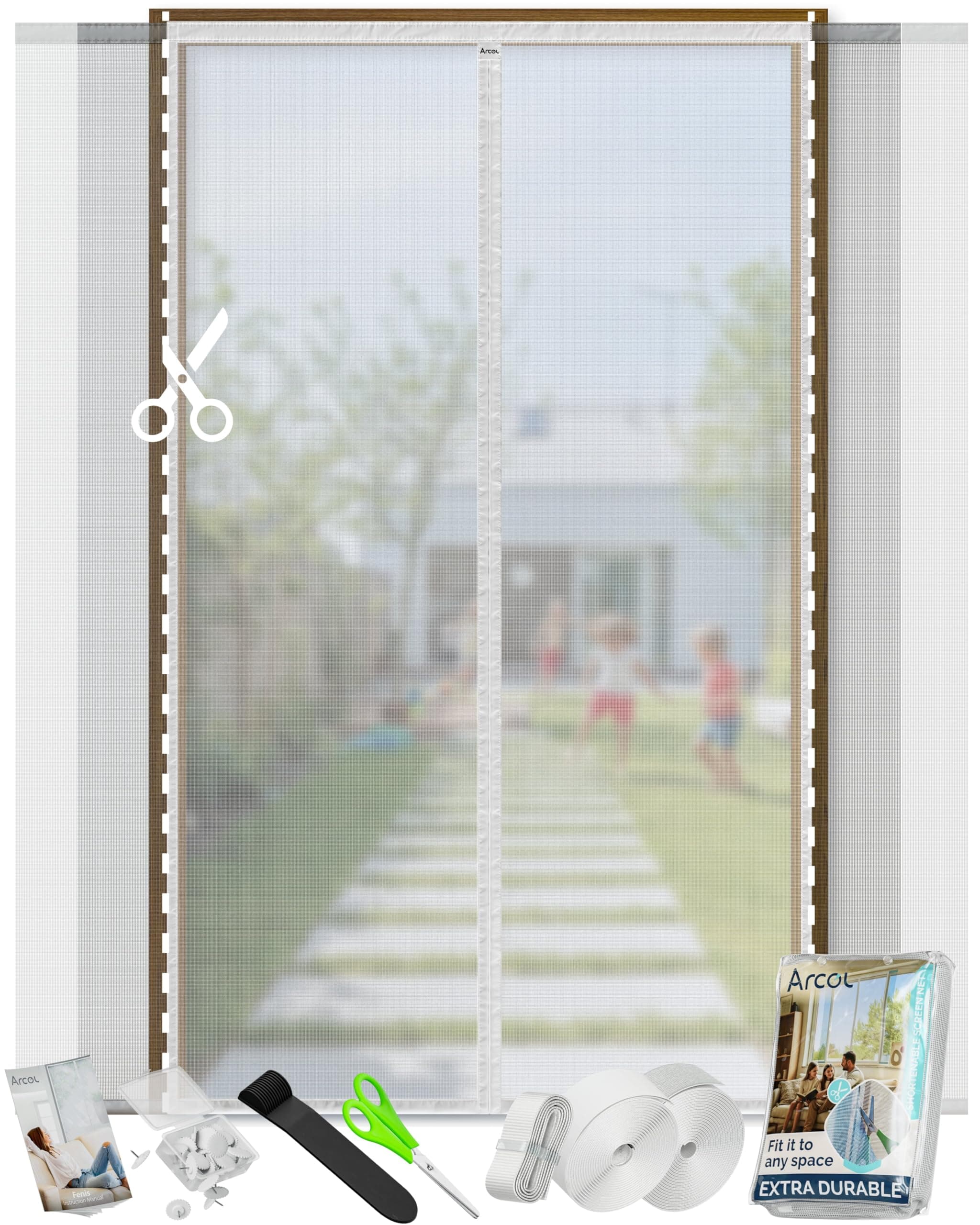 ARCOL Zanzariera Magnetica per porte Regolabile in Larghezza – Tenda Zanzariera Porta Finestra con Fettucce a Strappo, Zanzariera magnetica porta finestra accorciabile (155x240 cm, Bianco)