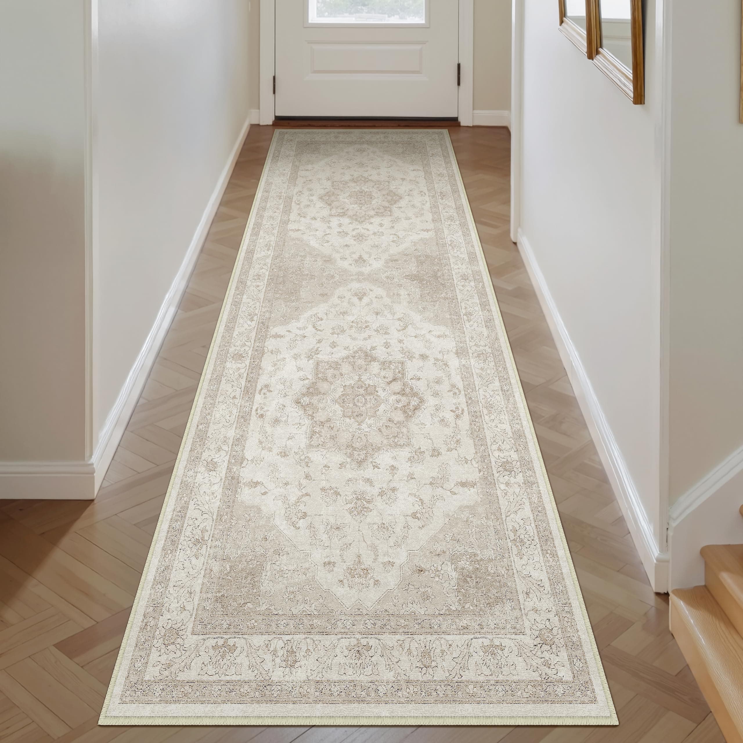 PureCozy Vintage Tappeto Cucina Antiscivolo Lavabile 60x180cm Beige Passatoia Corridoio Scendiletto Camera da Letto Sala Ufficio Lungo Carpet Pelo Corto Morbido Rug