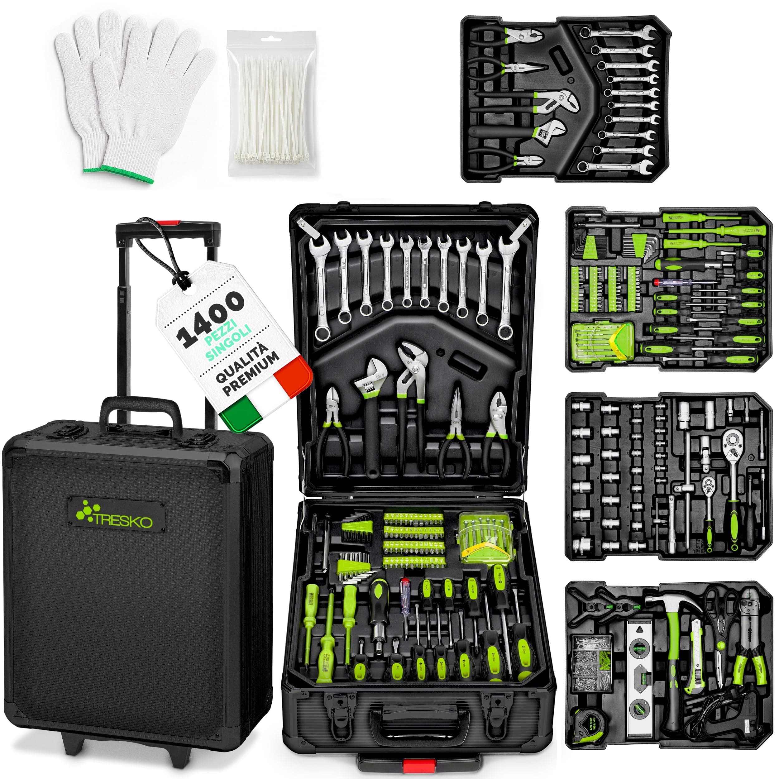 TRESKO® Valigia degli attrezzi composta da 949 pezzi | cassetta degli attrezzi | portaattrezzi | set di arnesi | trolley degli attrezzi | acciaio cromo-vanadio (Verde)