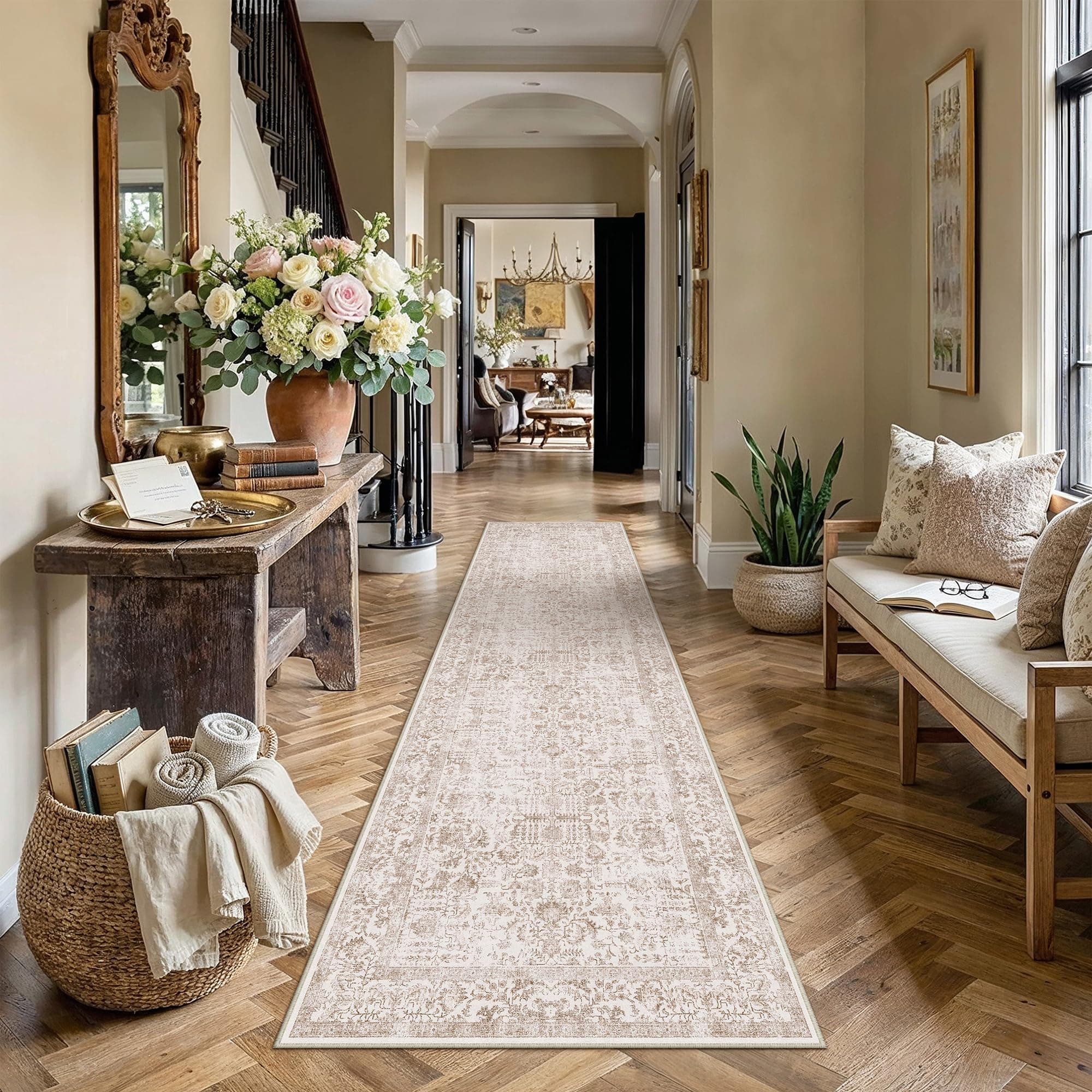 HUGEAR Vintage Alfombra Pasillo 80x400cm Marrón Larga Alfombras Cocina Lavable Antideslizante Tapetes para Sala Habitacion Dormitorio Comedor Tapete Pelo Corto