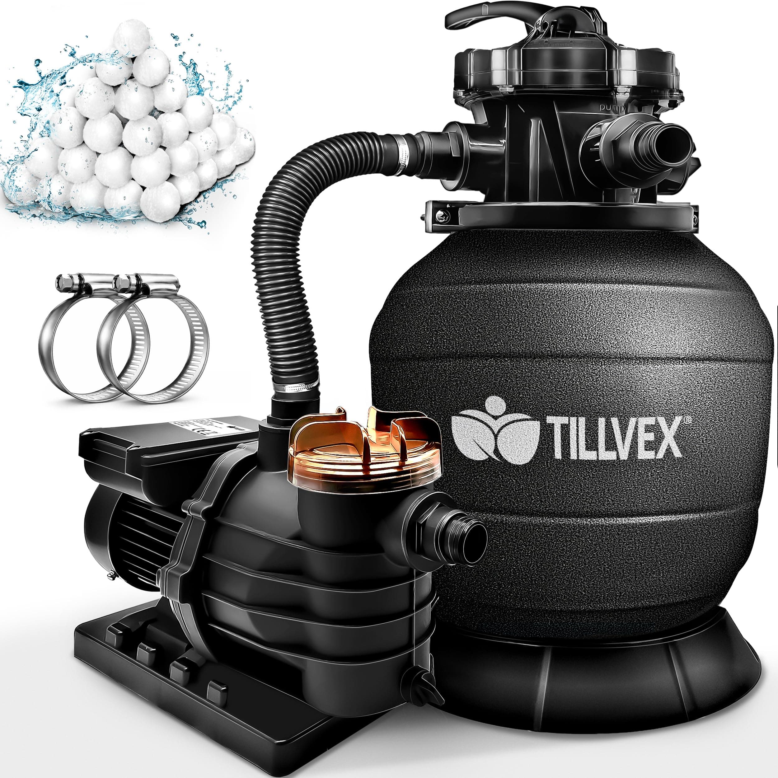 tillvex Système de Filtre à Sable 10 m³/h + 800g Boules de filtre – 7 Fonctions de Filtration | Filtre de Piscine avec indicateur de pression | Filtre à sable pour les bassins aquatiques & piscines