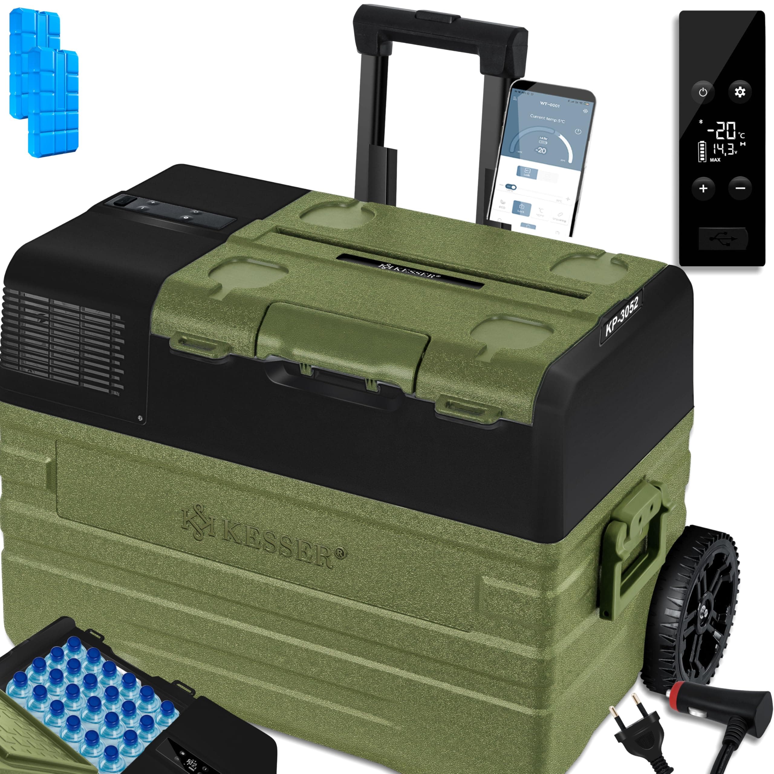 KESSER® Kompressor Kühlbox Auto elektrisch 42L, Camping Kühlbox 12/24/230V mit APP-Steuerung, Gefrierbox bis –20 °C, mit Rädern & Teleskopgriff für Camping, Wohnmobil, LKW & Boot + 2 Kühlakkus