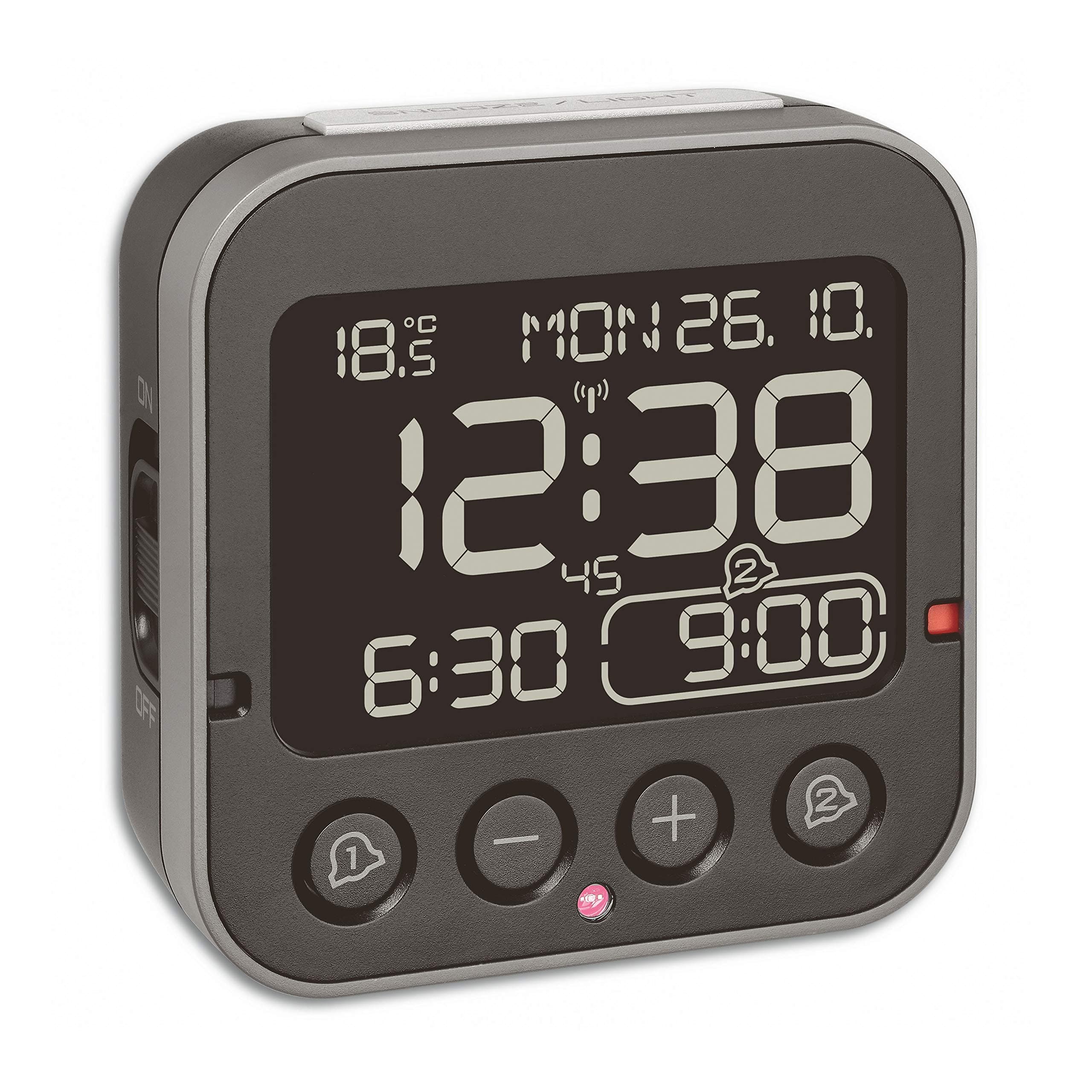 TFA Dostmann Bingo 2.0 digitaler Funk-Wecker, 60.2552.01, invertiertes Display, 2 Weckalarme, Datum + Wochentag, inkl Thermometer, mit Licht, ohne Ticken, Funkuhr, L 95 x B 41 x H 96 mm, schwarz