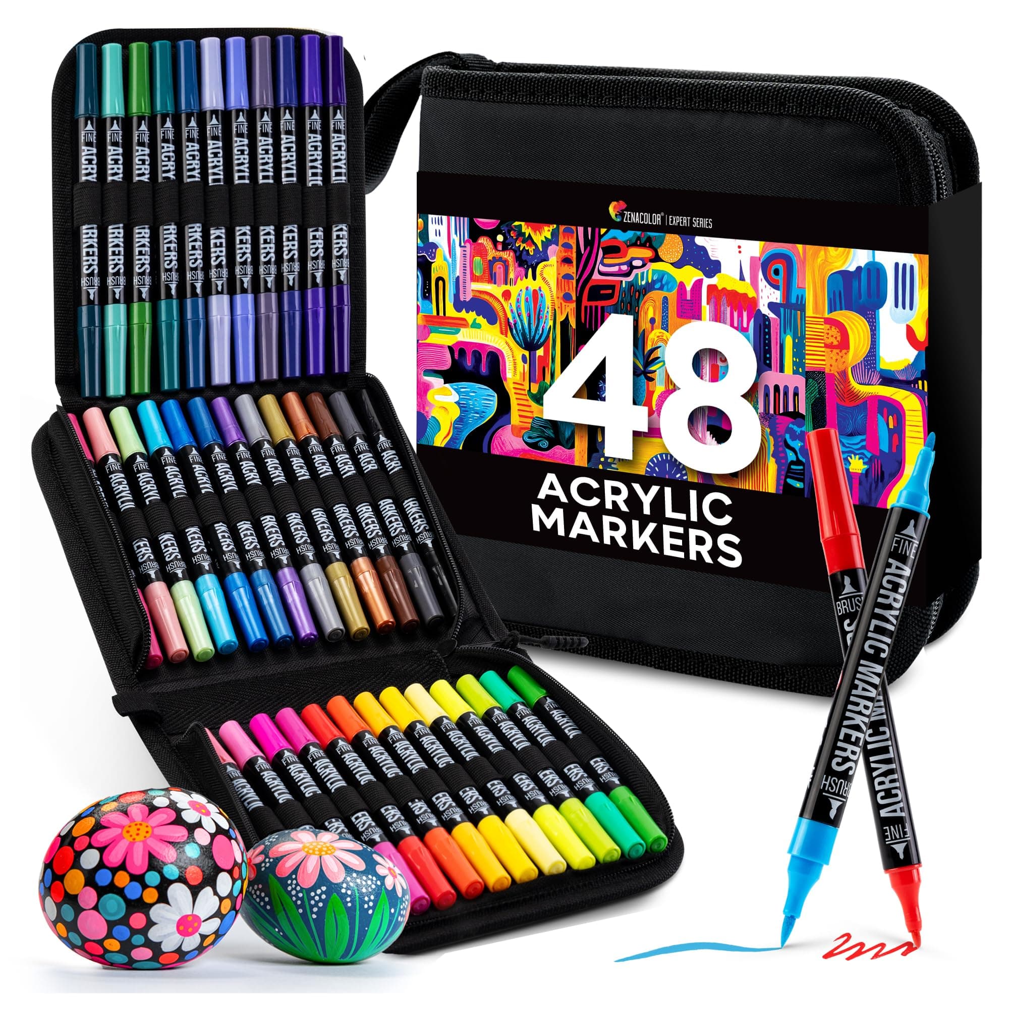 Zenacolor Pennarelli Acrilici a Doppia Punta (Fine e a Pennello) - 48 Colori Pennarelli Indelebili Acrilici per Diverse Superfici e Opere d'Arte - Dipingere Sass - Astuccio Incluso