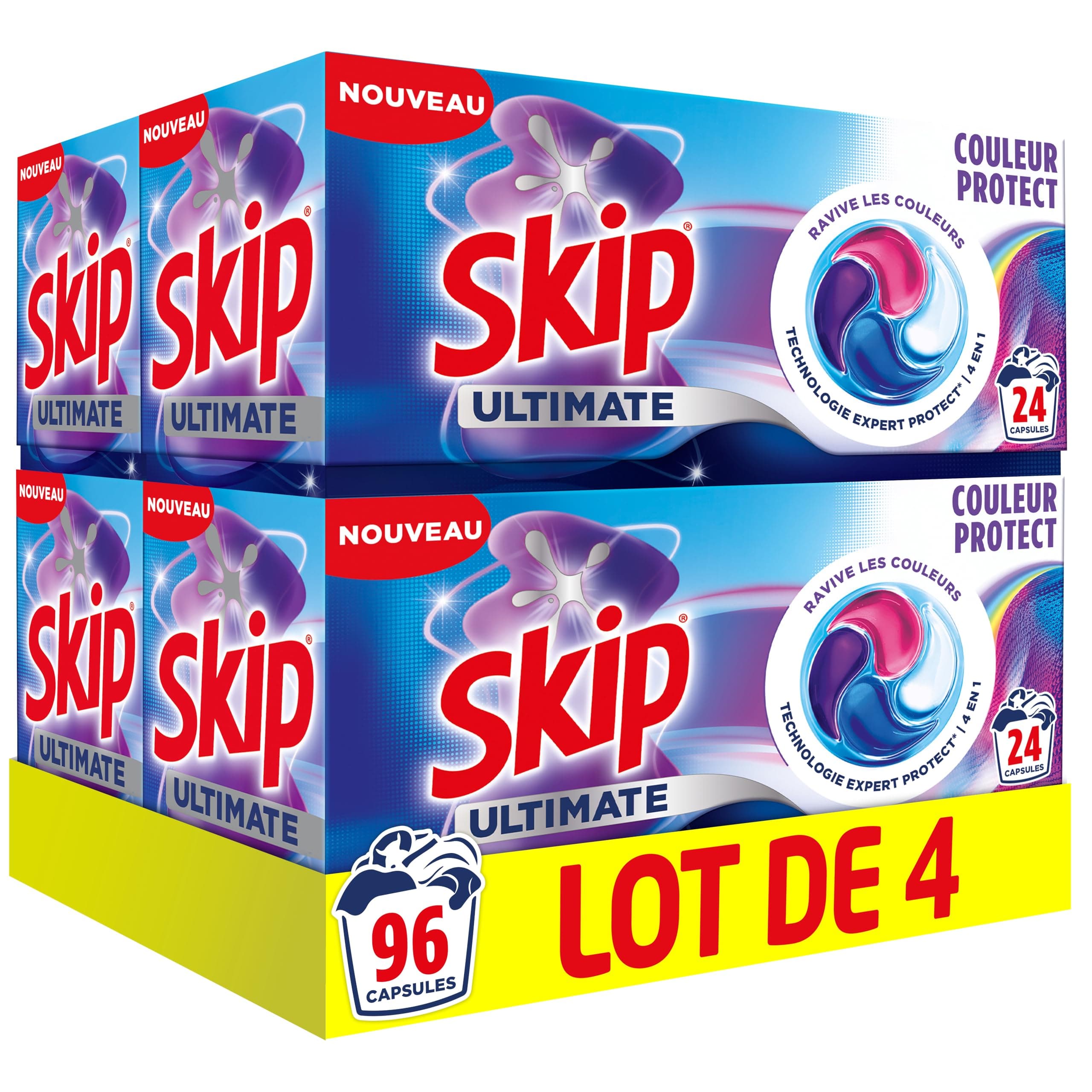 Skip Lessive Capsules Ultimate 4 en 1 Couleur Protect x24 - Ravive les Couleurs et Protège les Fibres - Technologie Expert Protect - Capsules Lessive à Dissolution Parfaite - 96 Lavages (4x24)