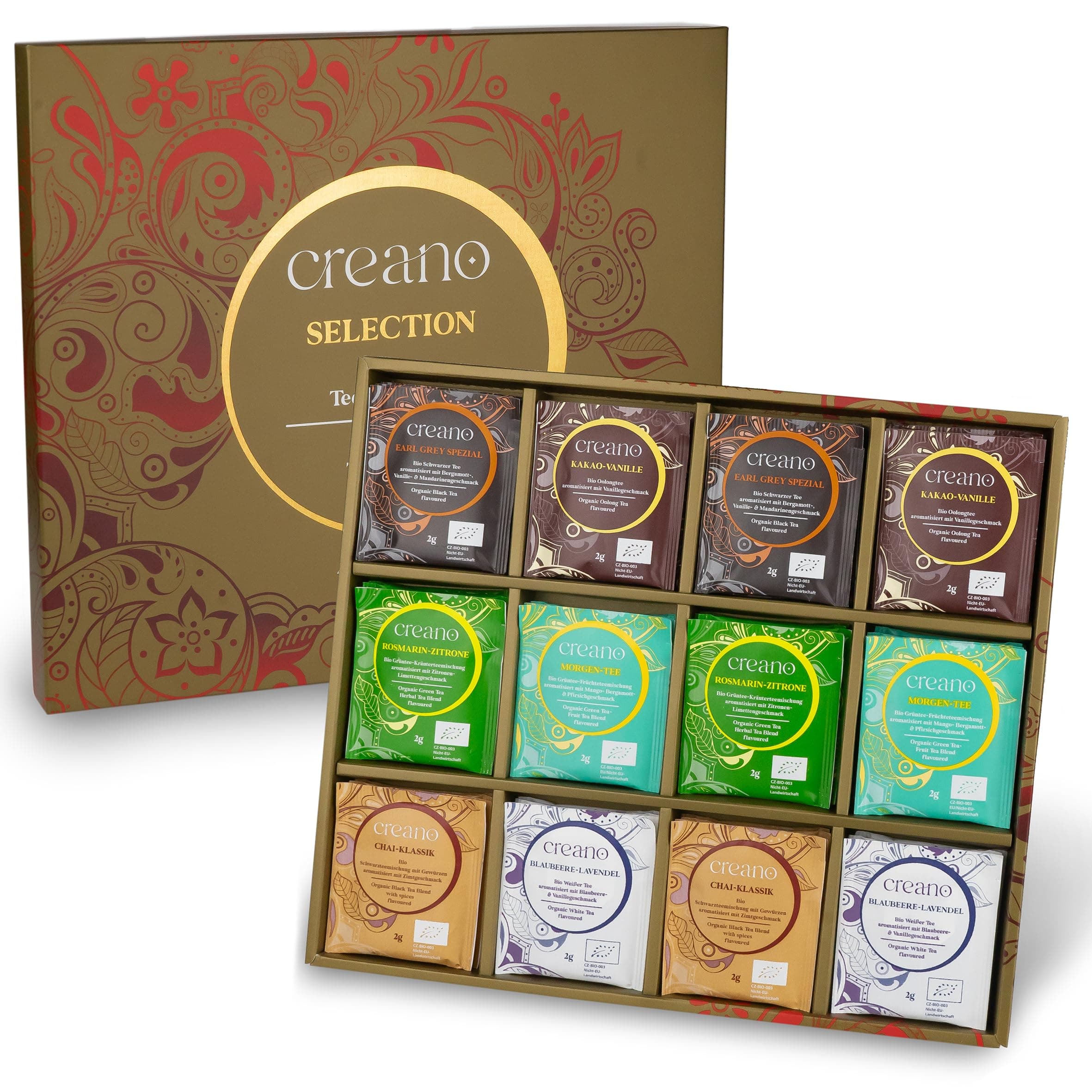 Creano Set de regalo de té orgánico – 48 bolsas de té orgánico en 6 tipos de ensueño – té verde, té blanco, té negro y té oolong – 96 g *