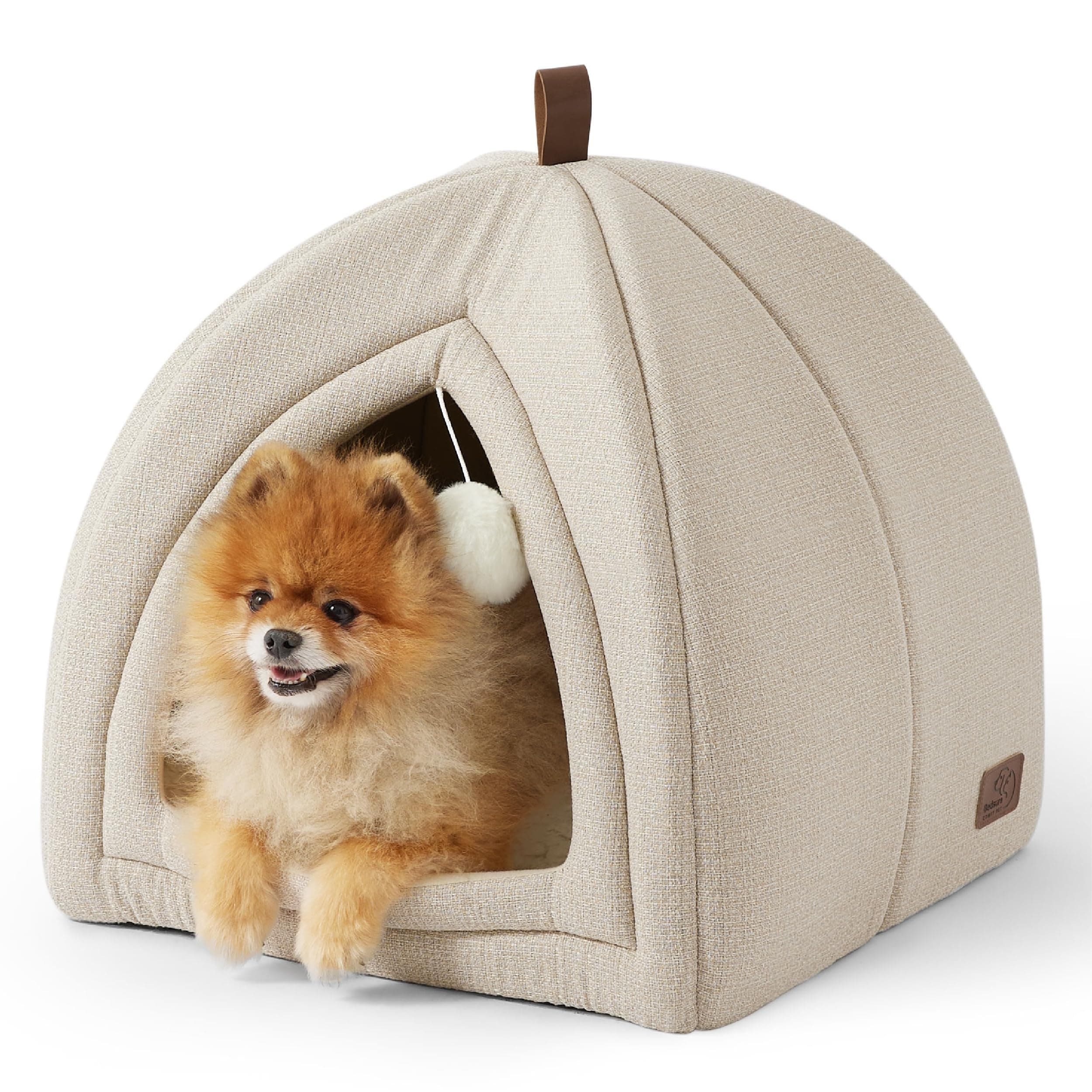 BEDSURE Katzenbett große Katzen Katzenhöhle- 44x44x44 cm Katzenhaus Indoor mit abnehmbarem Sherpa Katzenkissen und hängendem Spielzeug, Katzen Bettchen waschbar, Beige
