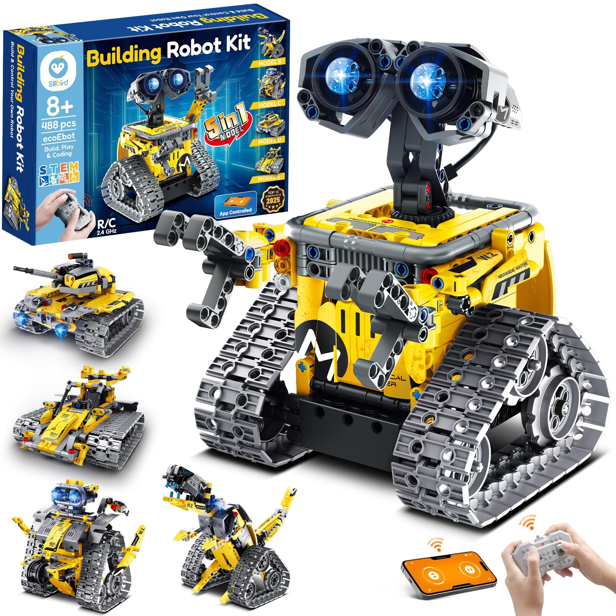 Sillbird 5 en 1 Kit de construcción de Robots con Mando a Distancia Stem Regalos para niños de 8-13 años, Technic Codificación Juguetes Robóticos para Niños Cumpleaños（488 Piezas）