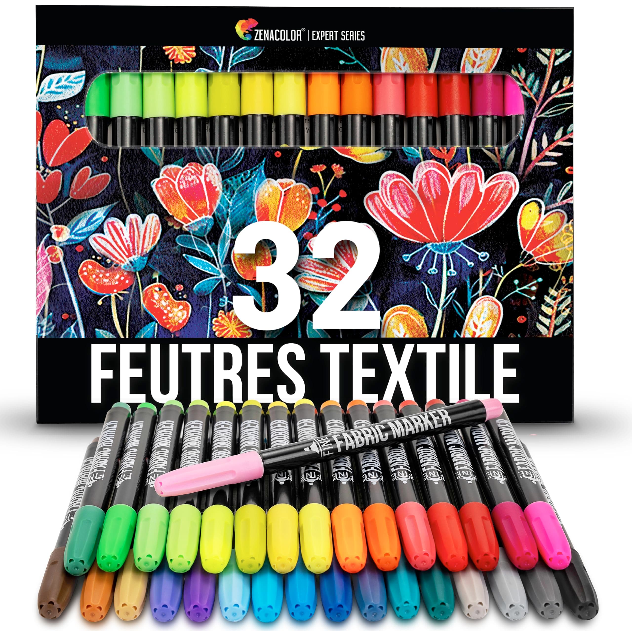 Zenacolor 32 Feutre Textile Permanent - Pour Différents Tissus - Marqueur Textile Permanent, Indélébile et Non Toxique - Pour Enfant et Adulte