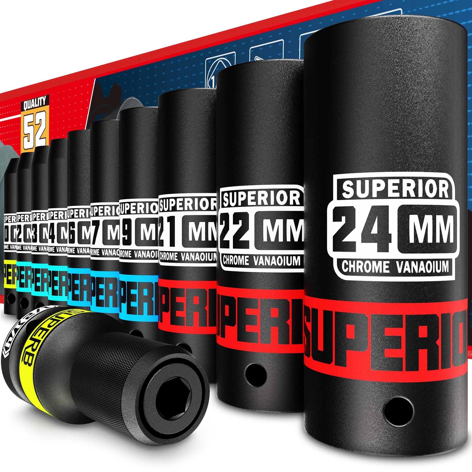 KIRXST Set Bussole a Impatto 1/2", 10-24 mm Bussole a Impulsi Profonde 11 pz, per Riparazioni Auto e Cambio Gomme