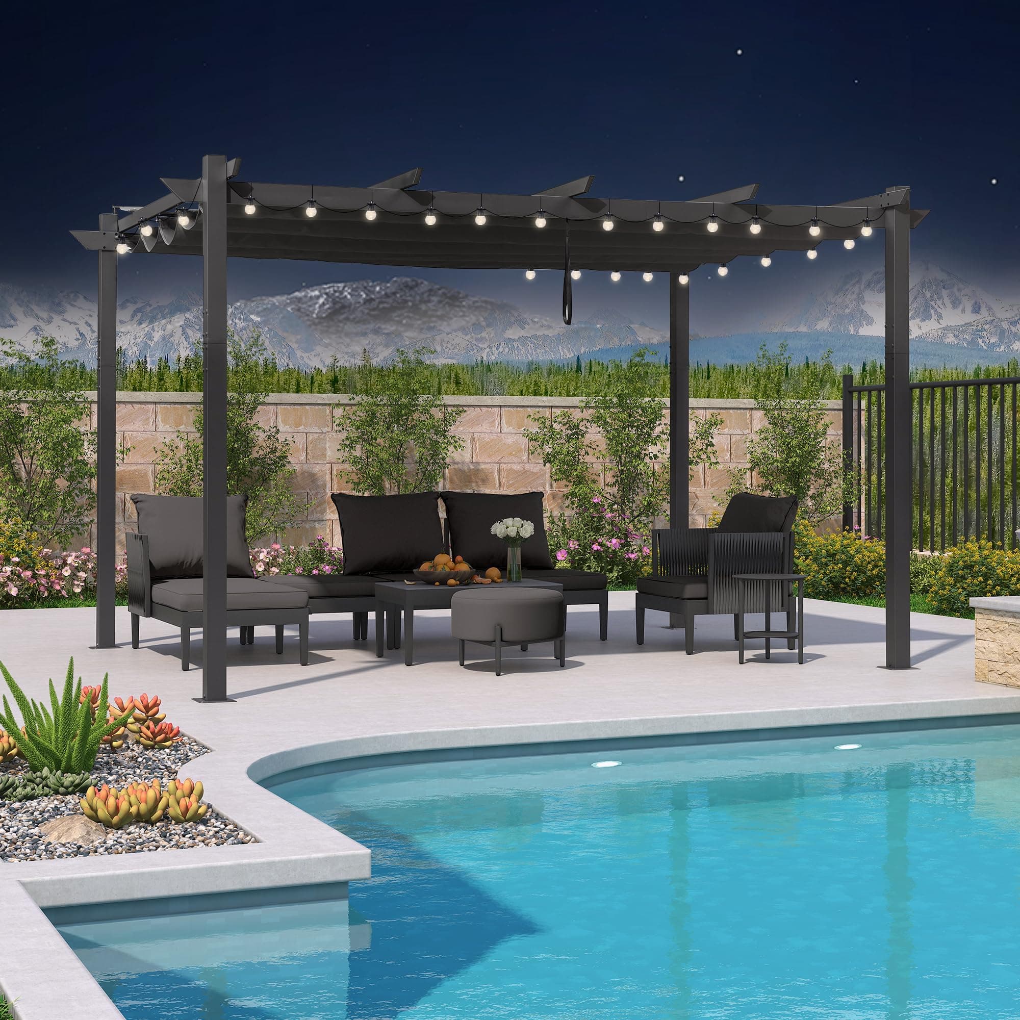 PURPLE LEAF Pergola Aluminium avec Guirlandes Lumineuses Exterieure LED, Pergola Jardin Extérieur 4 x 3 m, Tonnelle de Jardin avec Toit de Protection, Gris