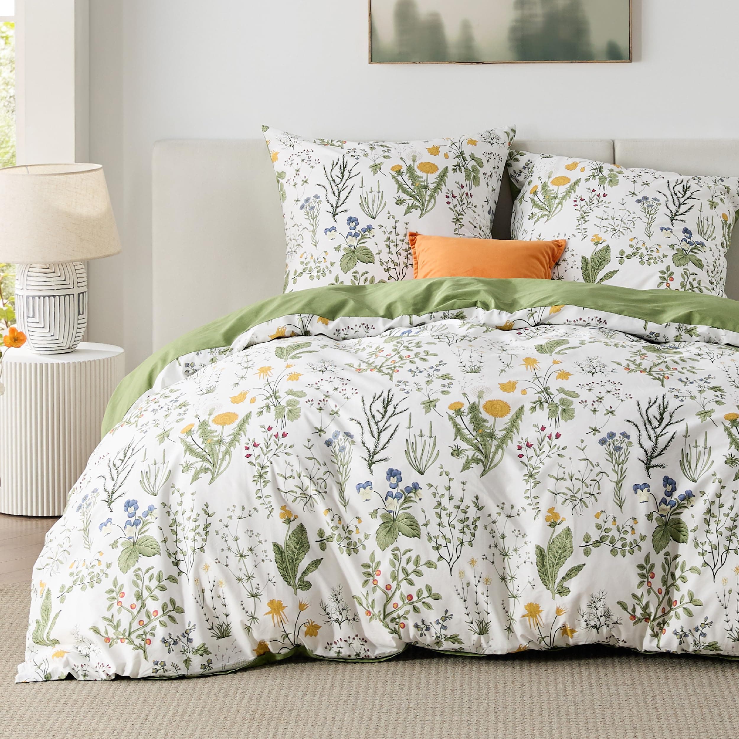 BEDSURE Bettwäsche 200x200 Baumwolle Grün - Bettwäsche-Sets 200 x 200 cm Bettbezug 3teilig mit 2 Kissenbezüge 80x80 cm, Wendebettwäsche Bedding Salbeigrün Blumen Muster mit Reißverschluss