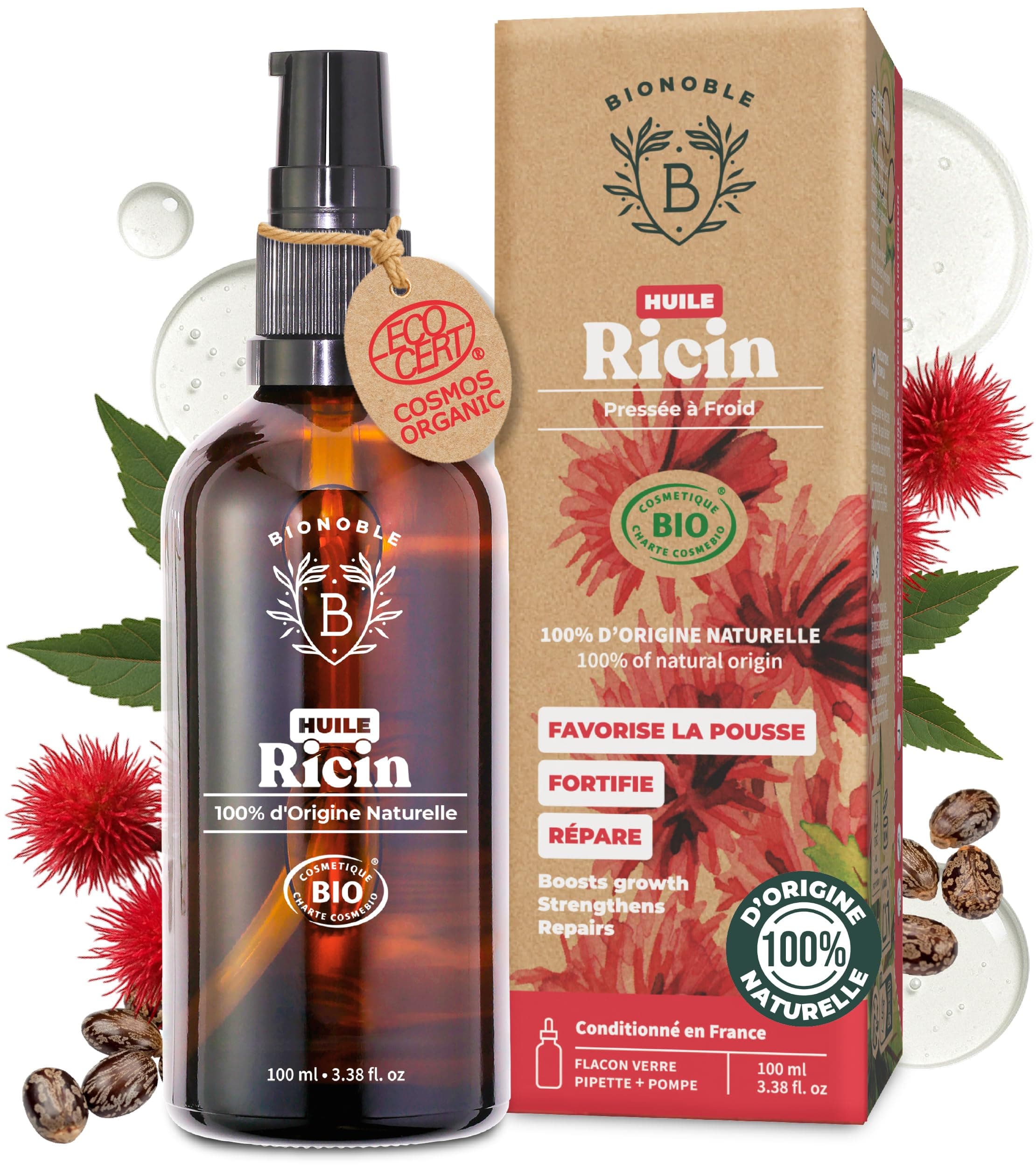 BIONOBLE Huile de Ricin Bio - Pour Cheveux, Barbe, Cils, Sourcils - 100ml | Pressée à Froid, 100% d'Origine Naturelle - Favorise la Pousse, Répare - Castor Oil Organic - Flacon Verre, Pipette, Pompe