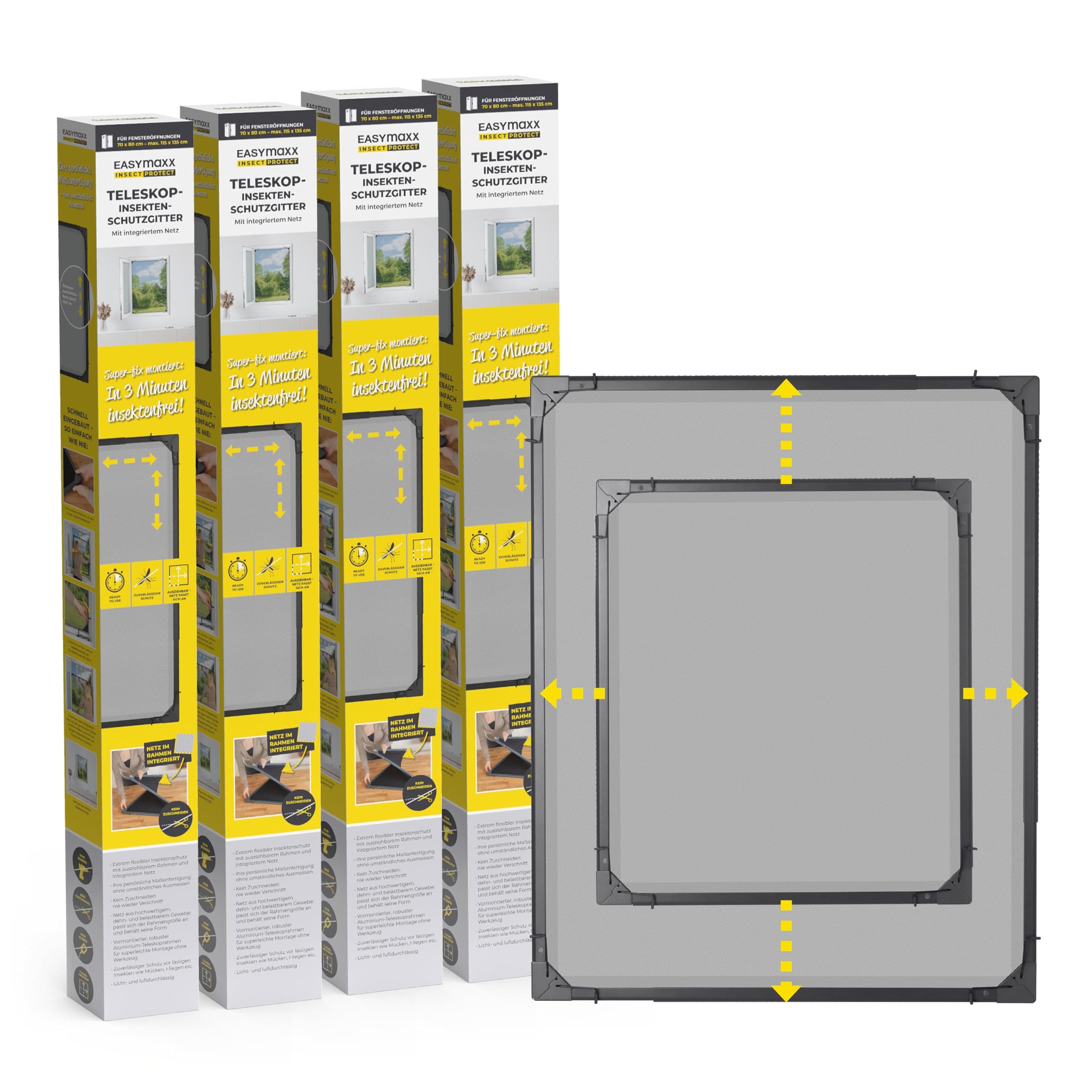 EASYmaxx Insect Protect | Teleskop-Insektenschutzgitter | Fliegengitter Fenster | mit vormontierten Rahmen | ausziehbarer Insektenschutz | integriertes Netz | anthrazit | 4er-Set